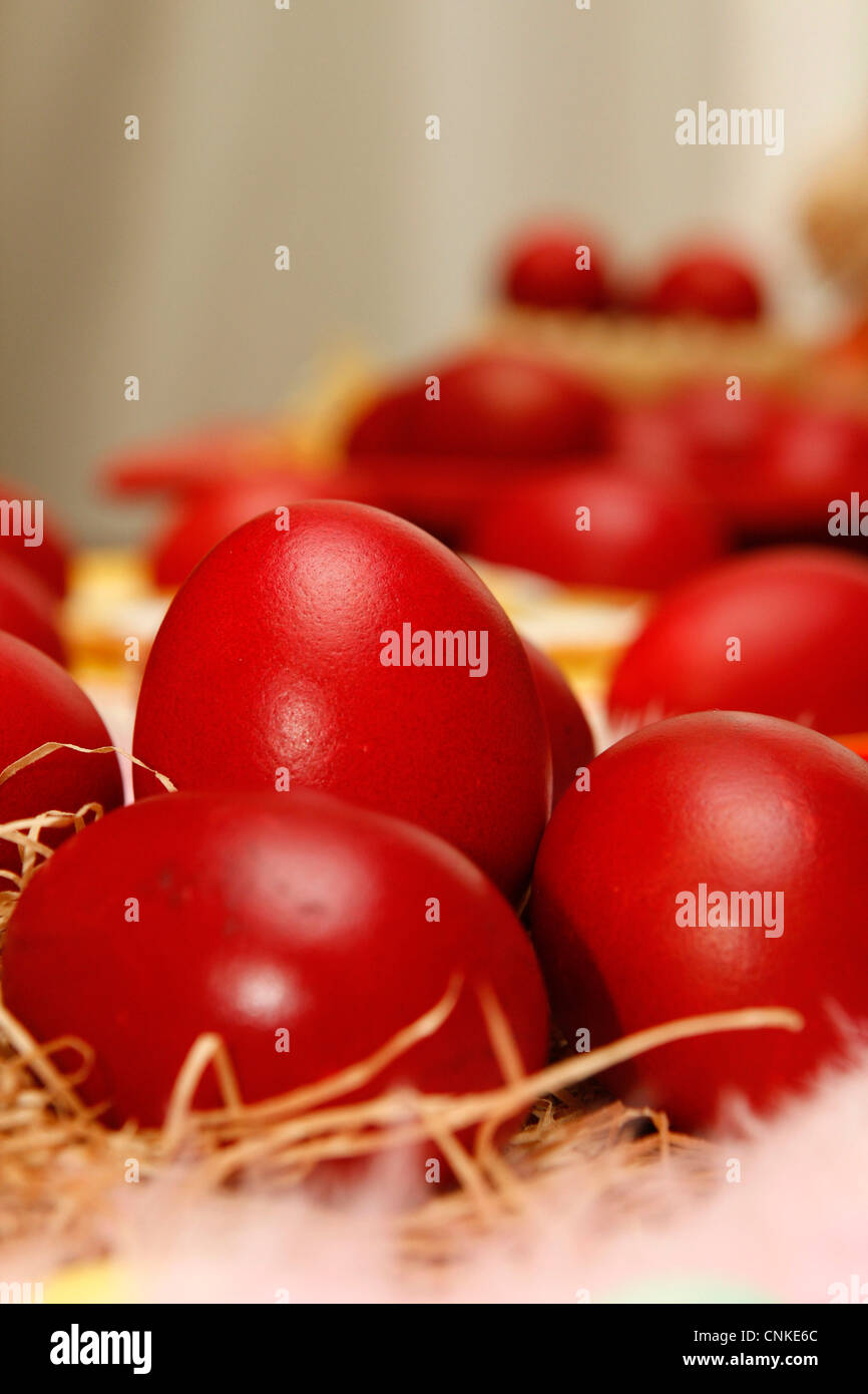 Le uova sode sono tinti di rosso per simboleggiare il sangue di Cristo. Foto Stock