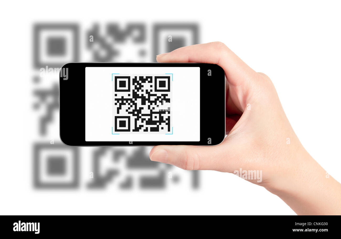 La scansione del codice QR con mobile smart phone. Isolato su bianco. Foto Stock