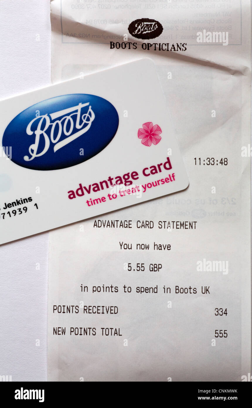 Stivali Advantage Card con advantage card dichiarazione indicante il numero e il valore dei punti impostati su sfondo bianco Foto Stock