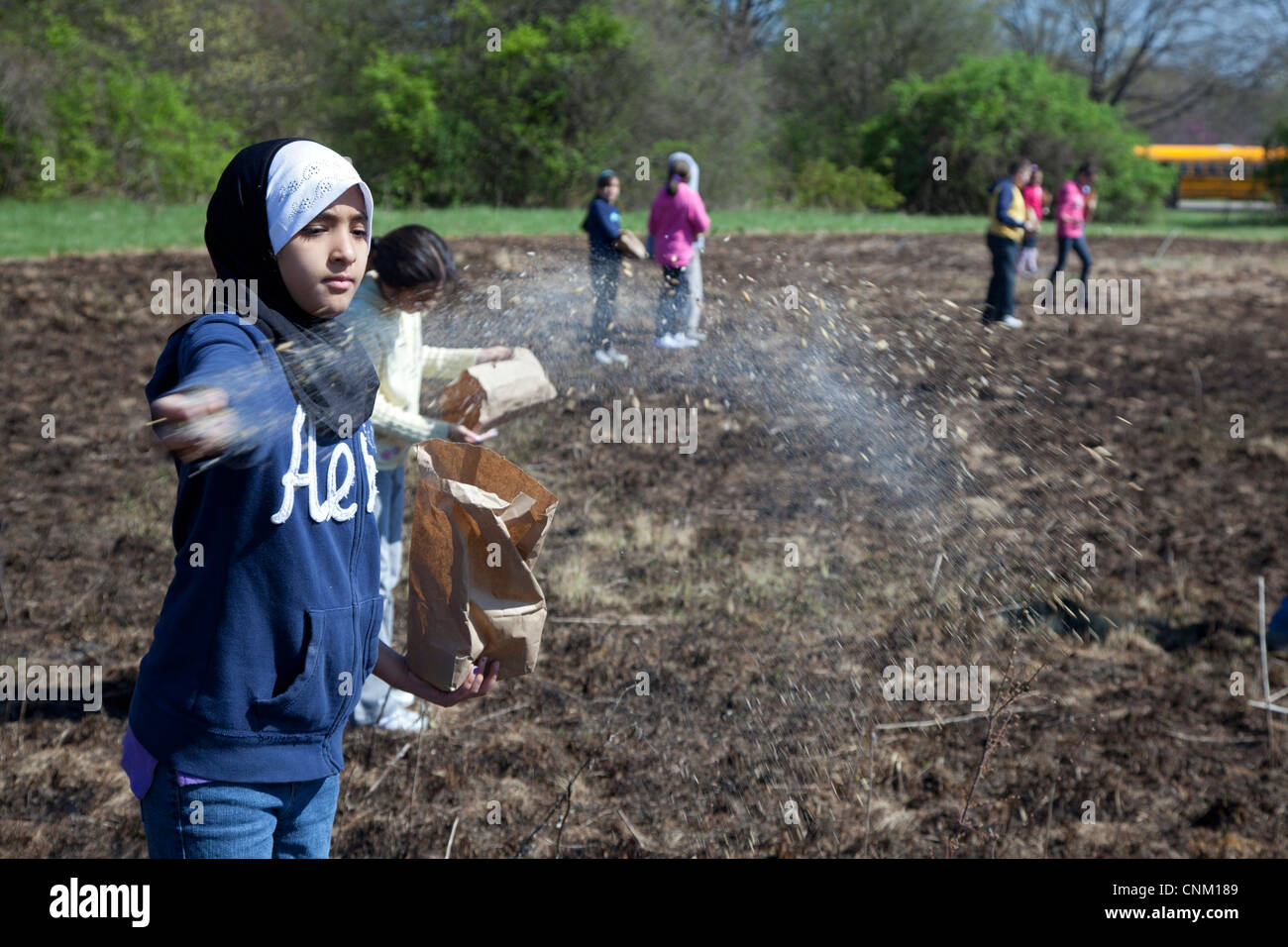 I bambini delle elementari seminare i semi per ripristinare la prateria nativi dopo che esso è stato intenzionalmente bruciata per eliminare le specie invasive. Foto Stock