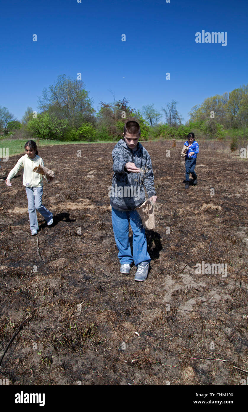 I bambini delle elementari seminare i semi per ripristinare la prateria nativi dopo che esso è stato intenzionalmente bruciata per eliminare le specie invasive. Foto Stock