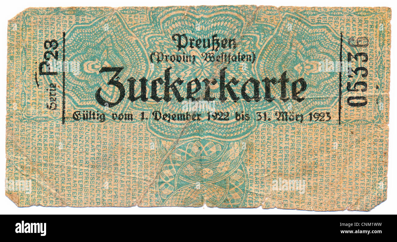 Razione della carta per lo zucchero, 1922, Preußen, Provinz Westfalen, Germania, Europa Foto Stock