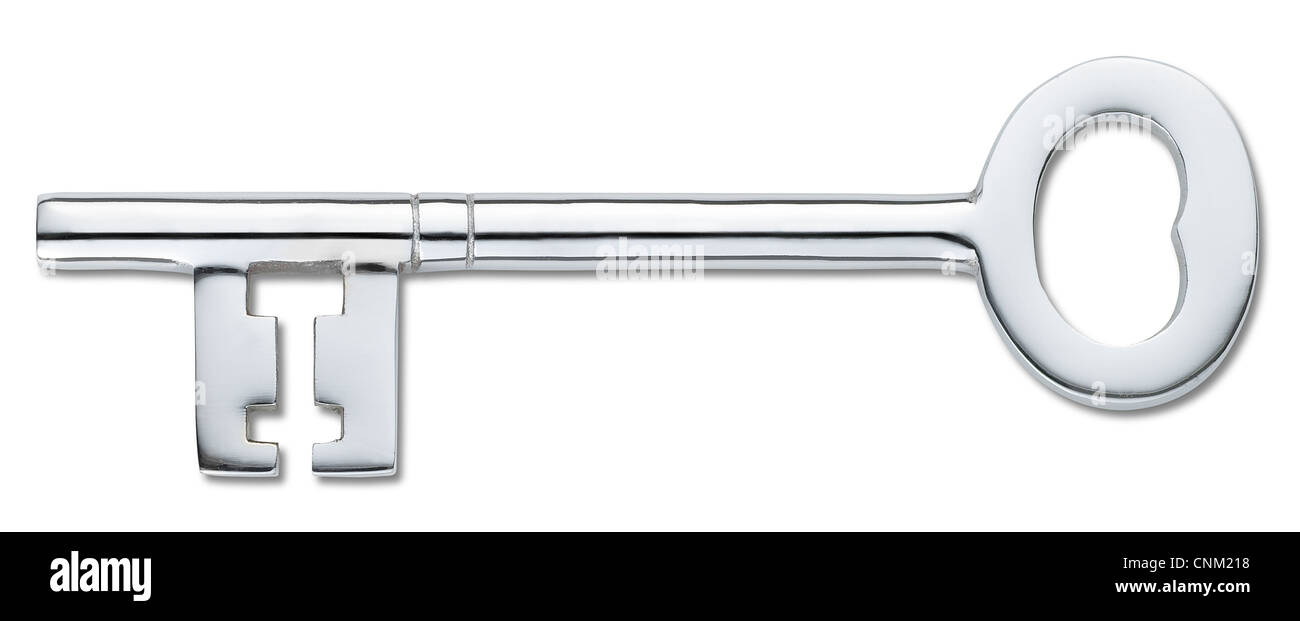 Vista aerea di un argento chiave porta isolata su bianco (percorso di clipping) Foto Stock