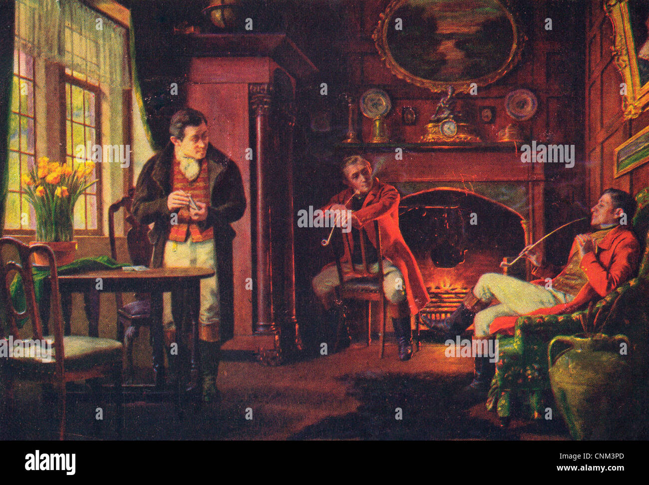 Tre uomini in uno studio di fumare tubi lunghi Foto Stock