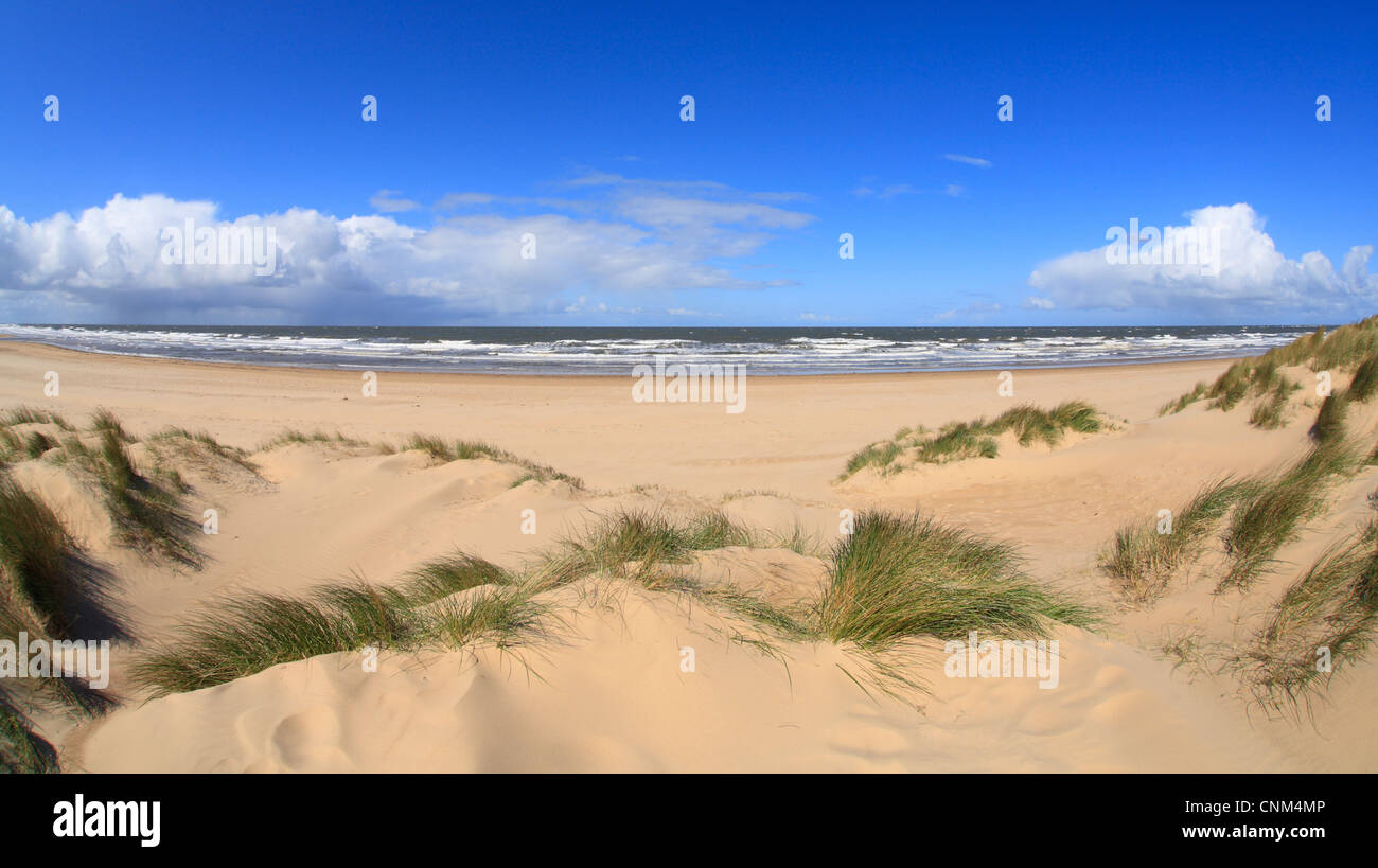 Guardando al mare a Holkham Bay sulla Costa North Norfolk. Foto Stock