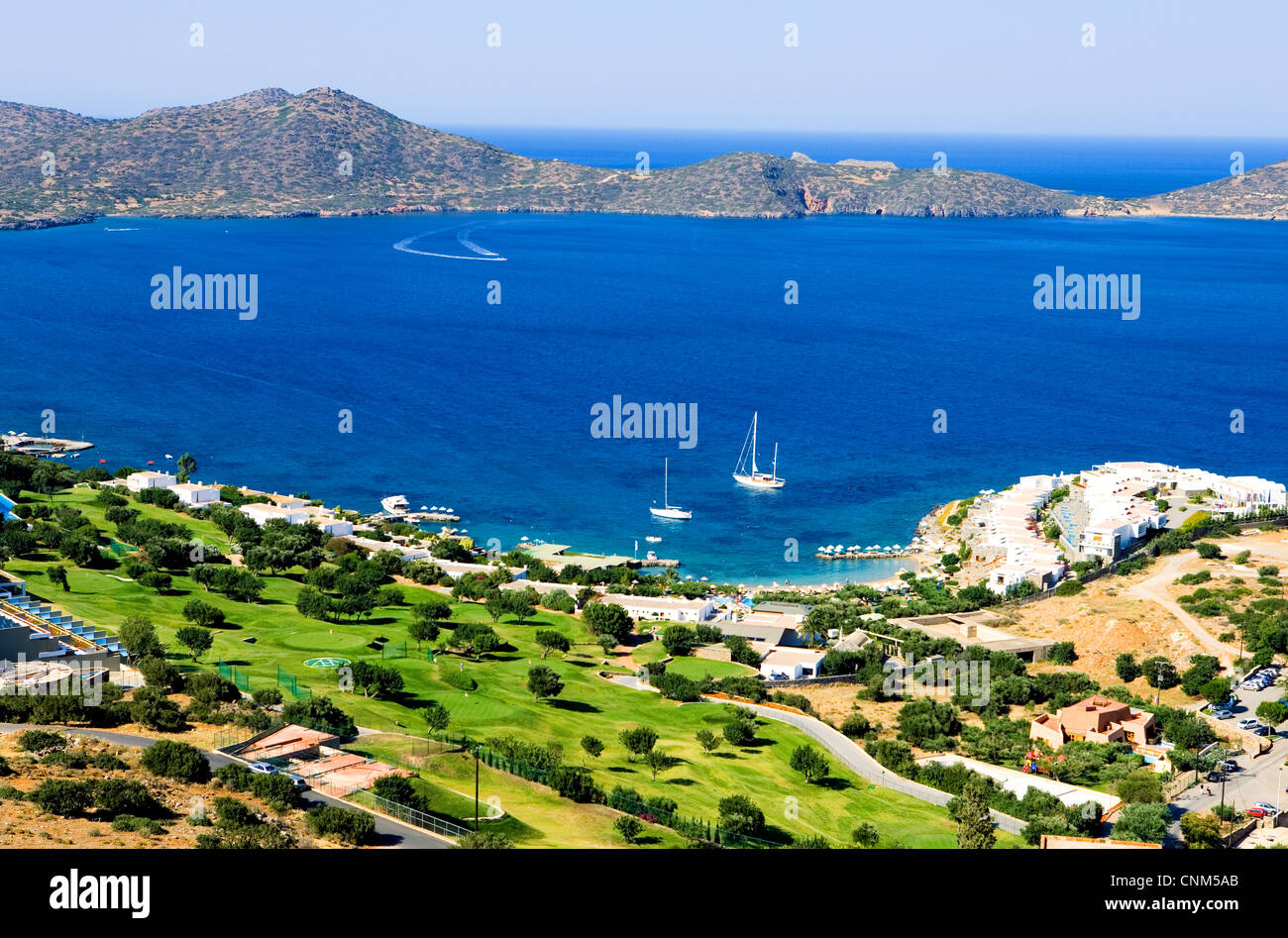 La Grecia, Creta, vista panoramica della baia di Elounda Foto Stock
