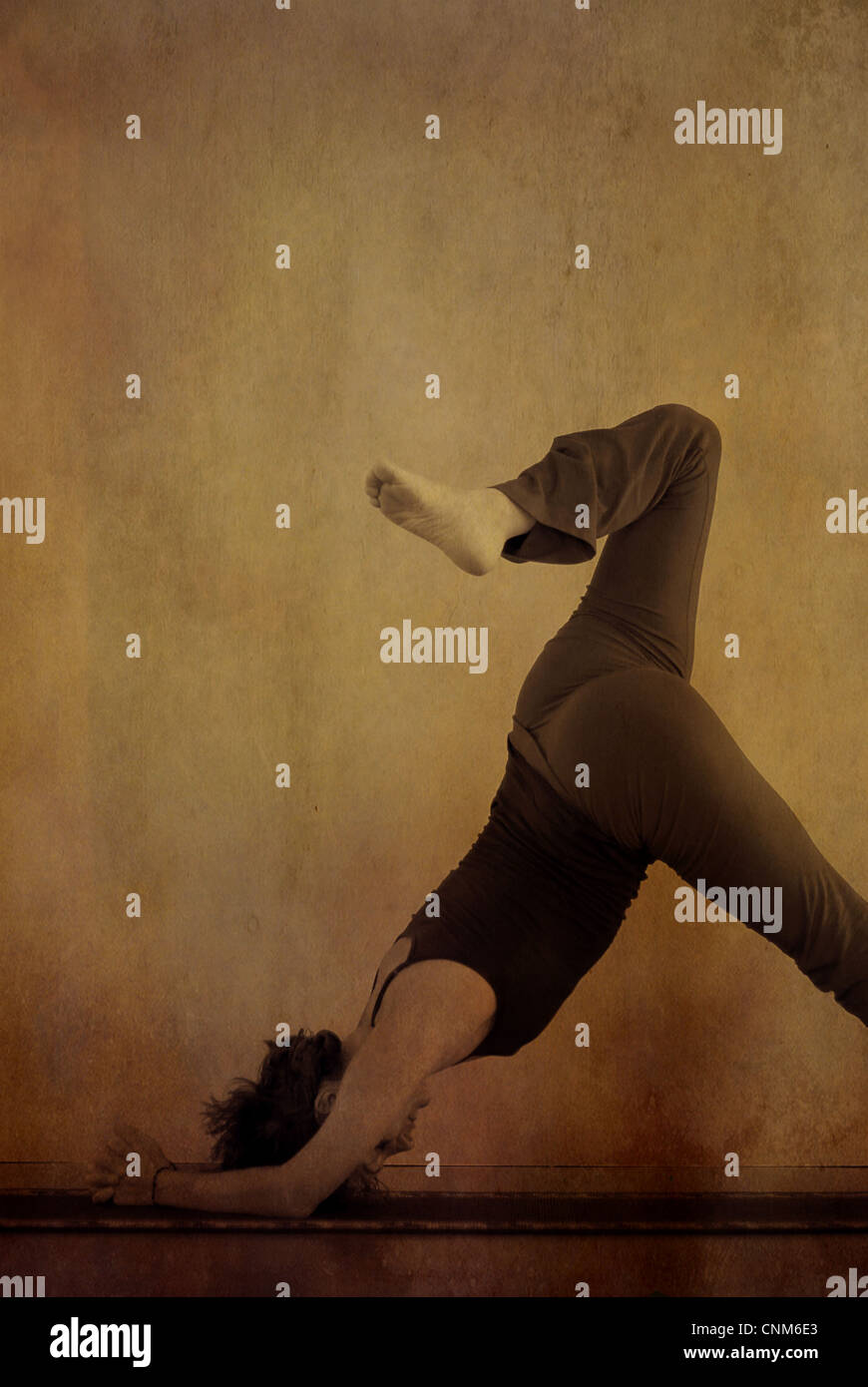 La donna in una variazione dello yoga pongono Dolphin. Illustrazione della foto. Foto Stock