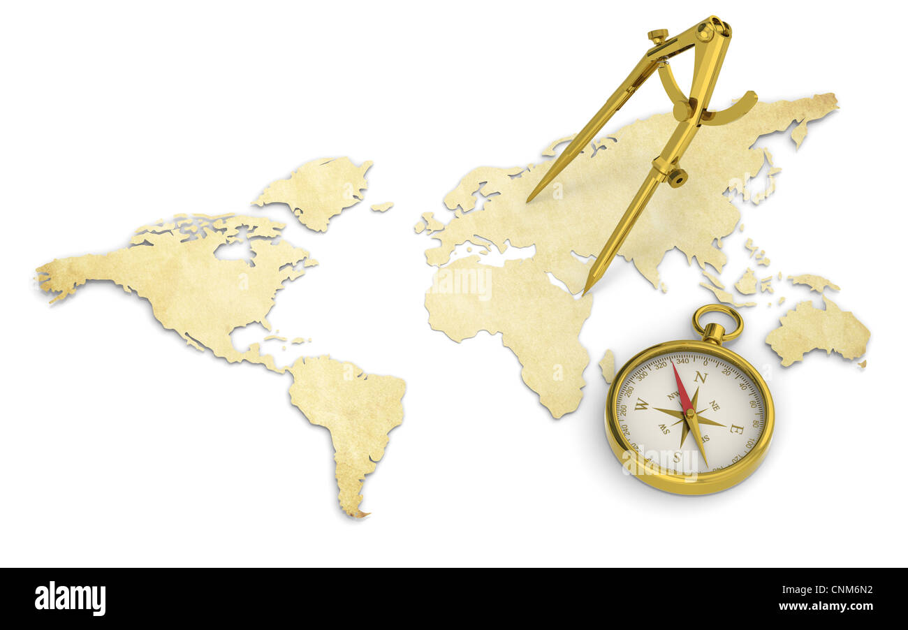 Una mappa del mondo in 3D. Forma di carta sottile e di stile antico. Divisore di ottone e bussola. Foto Stock