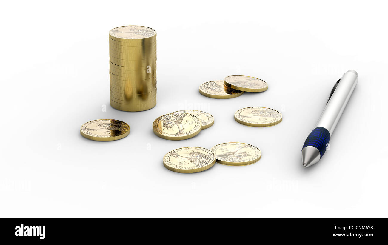 Dollar monete e penna a sfera su sfondo bianco Foto Stock