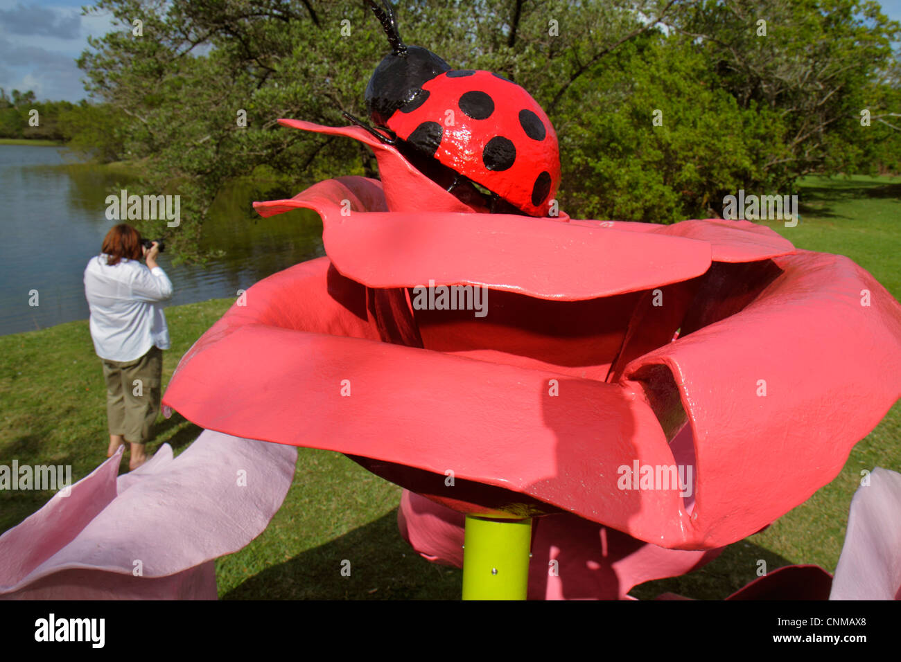 Miami Florida, Coral Gables, Fairchild Tropical Gardens, rosso gigante, rose rosa, ladybug, insetto, installazione arte, artista will Ryman, acqua, lago, adulto Foto Stock