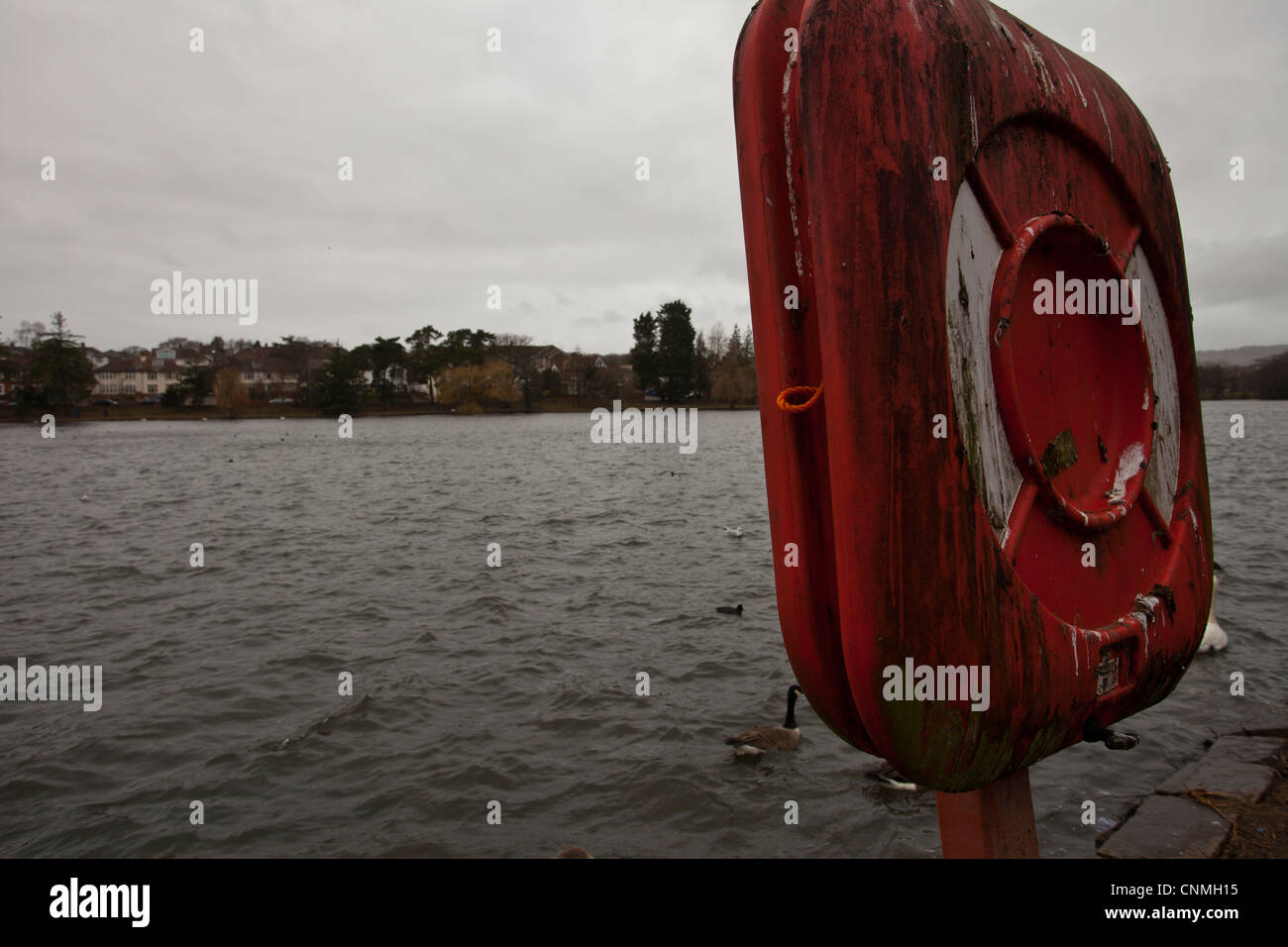 Anello di vita in barca il lago, life saver utilizzati da sono ' appollaiati uccelli coperti di escrementi di uccelli. Foto Stock