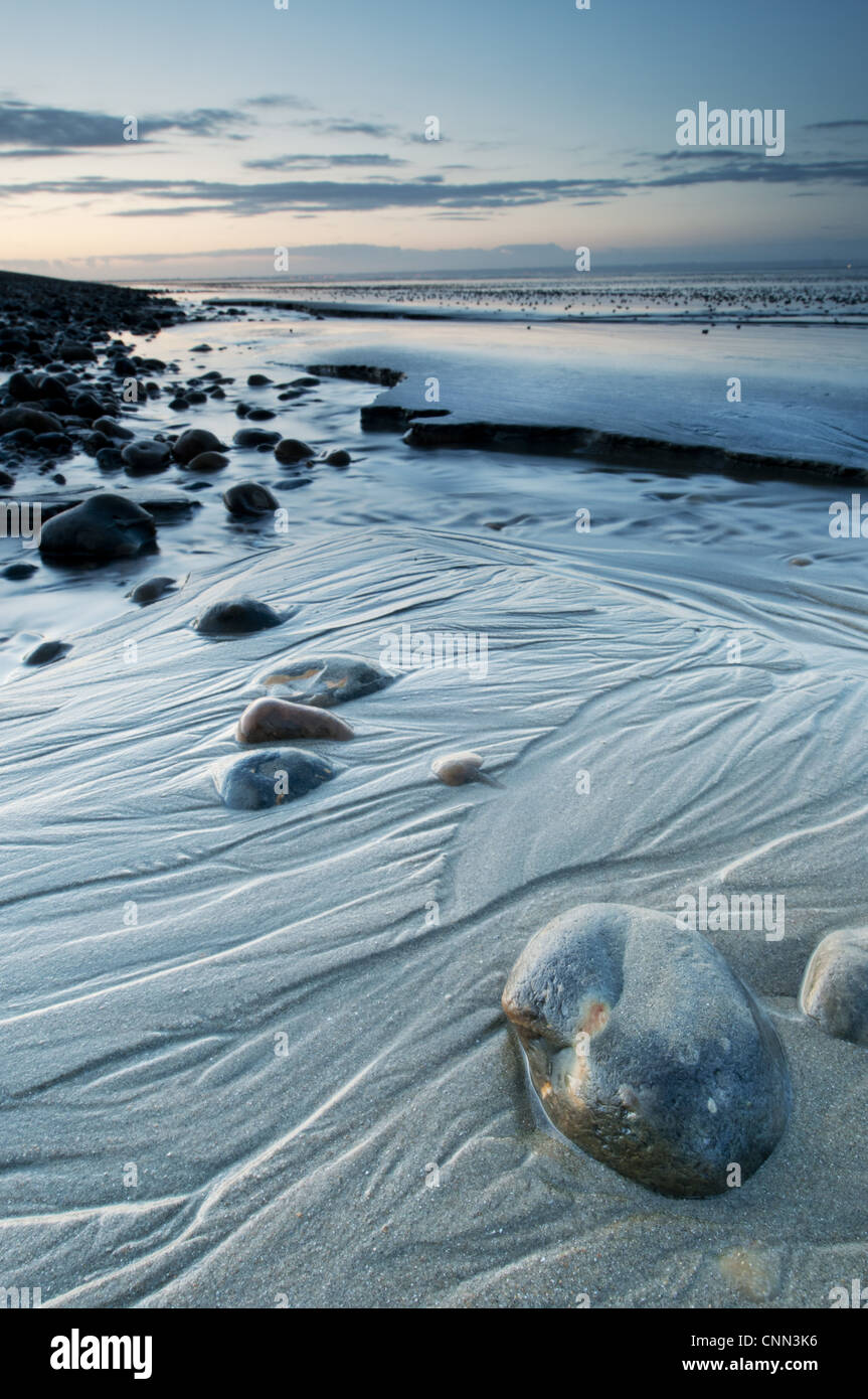 Vista delle velme costiere con canali e ciottoli al crepuscolo, Dungeness, Kent, Inghilterra, giugno Foto Stock