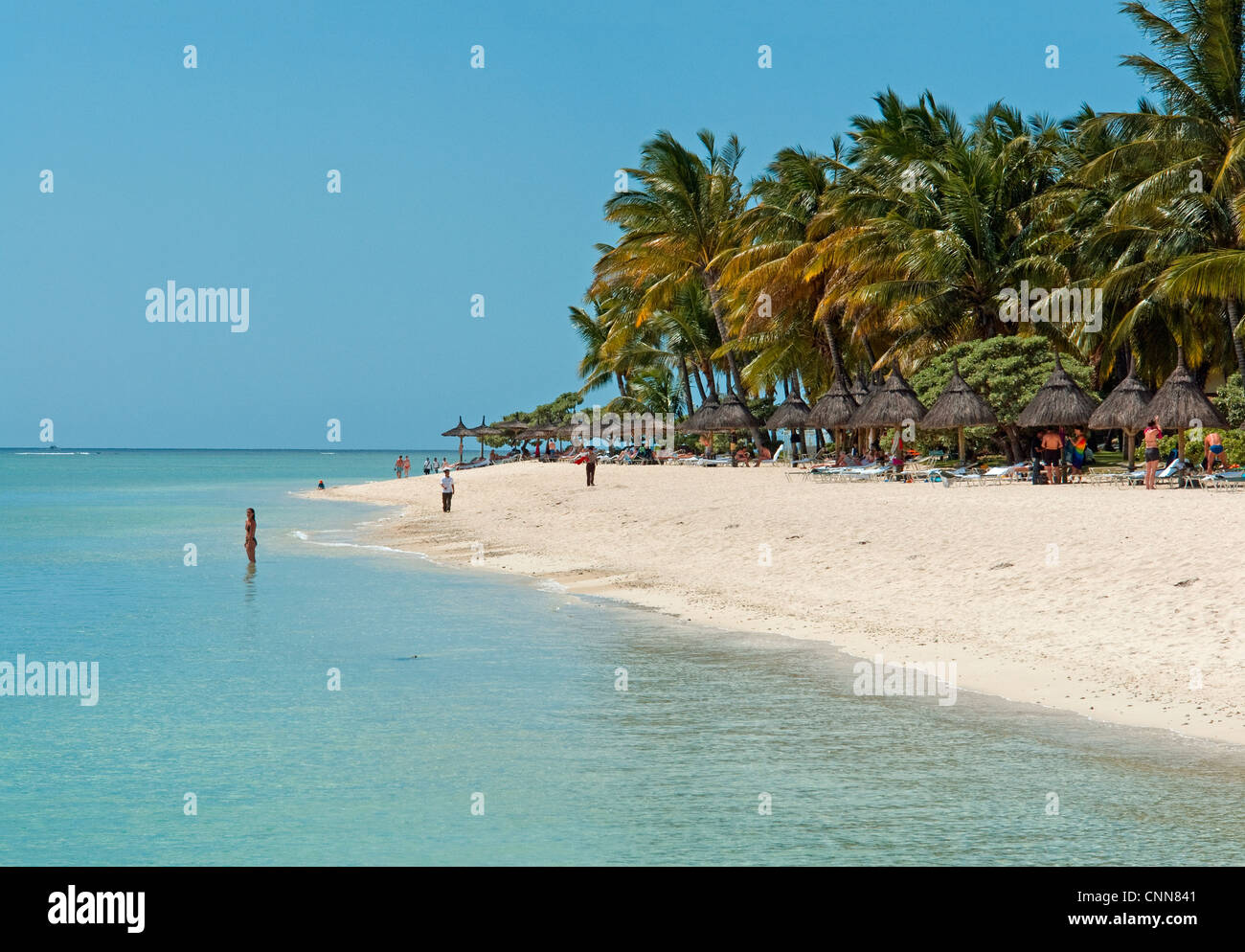 La spiaggia di fronte a La Pirogue Hotel, a Wolmar, appena a sud di Flic en Flac sulla costa occidentale di Mauritius Foto Stock
