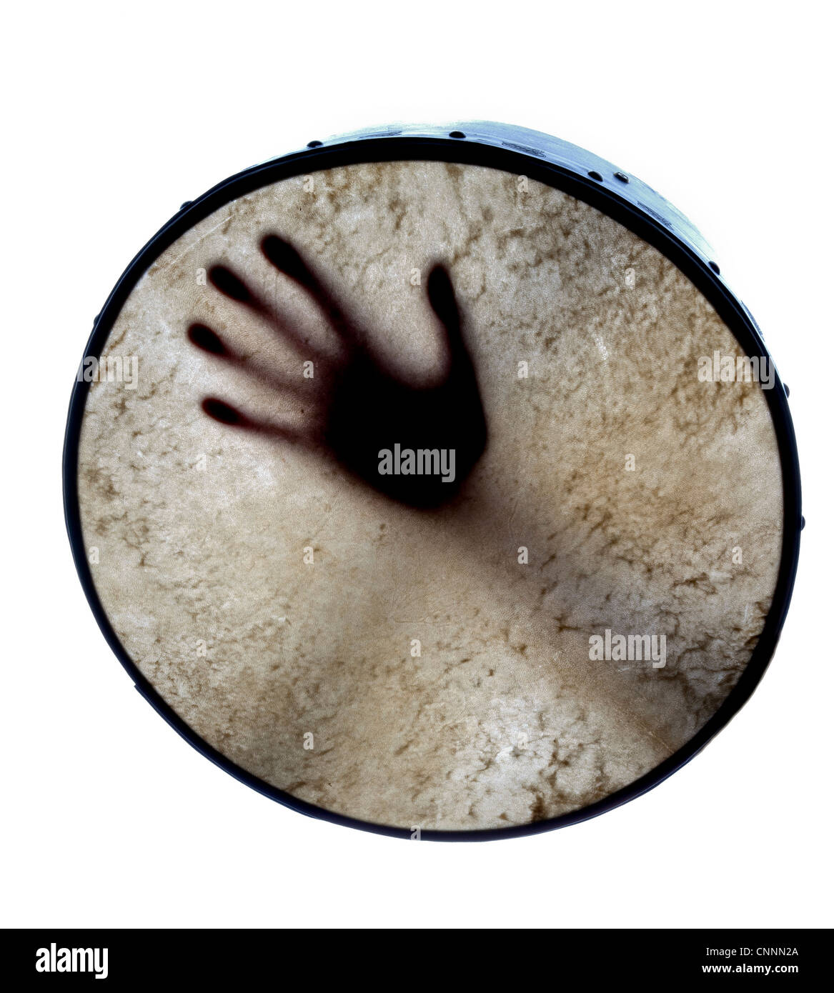 Bodhrán, irlandese tamburo fatto di pelle di capra e suonato con una mano sulla pelle. Foto Stock