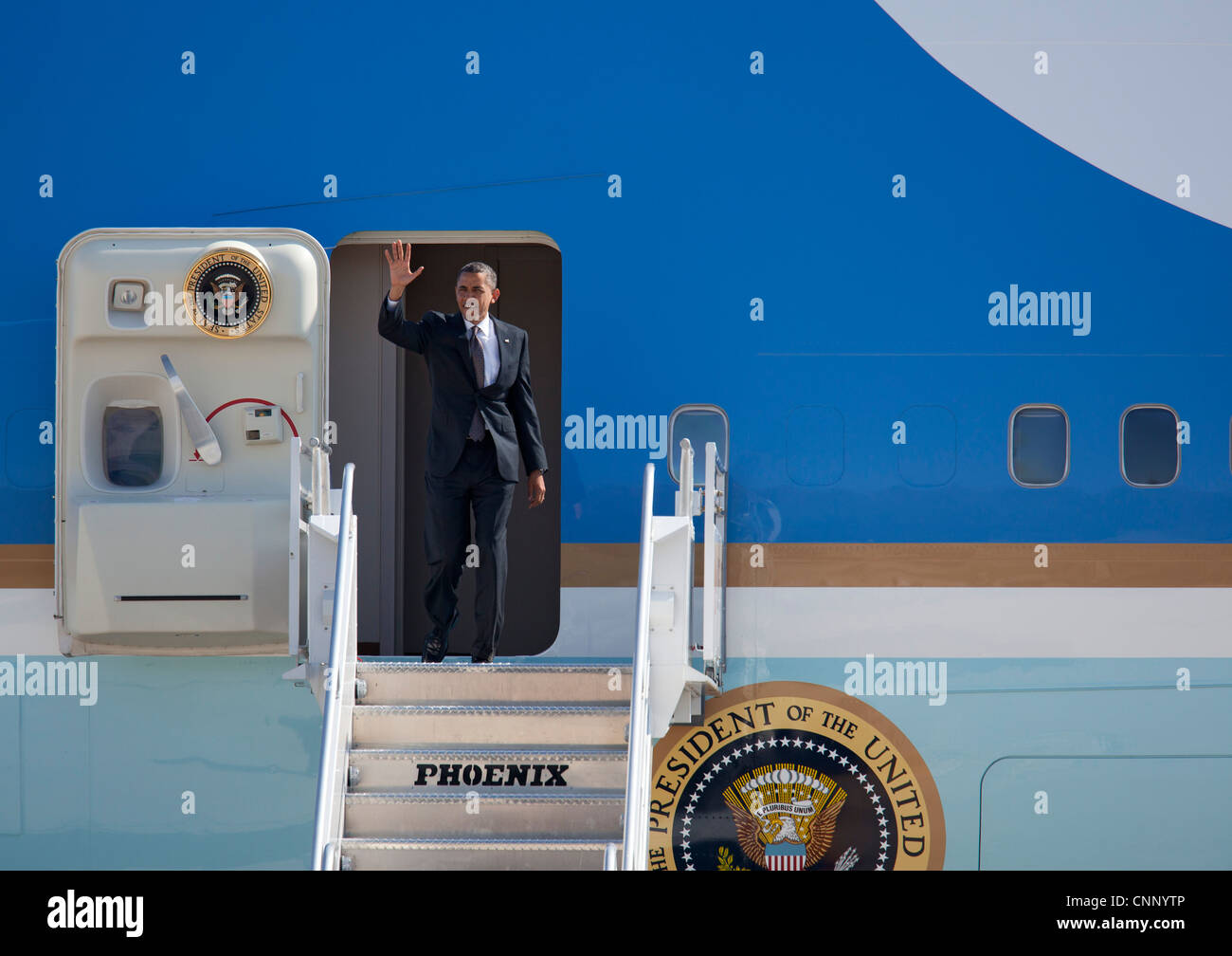 Detroit, Michigan - Presidente Barack Obama arriva a Detroit Metro Airport on Air Force 1. Foto Stock