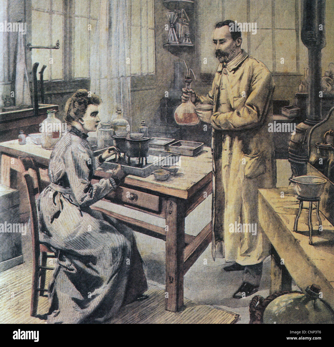 MARIE e suo marito Pierre Curie nel loro laboratorio di Parigi nel 1904 Foto Stock