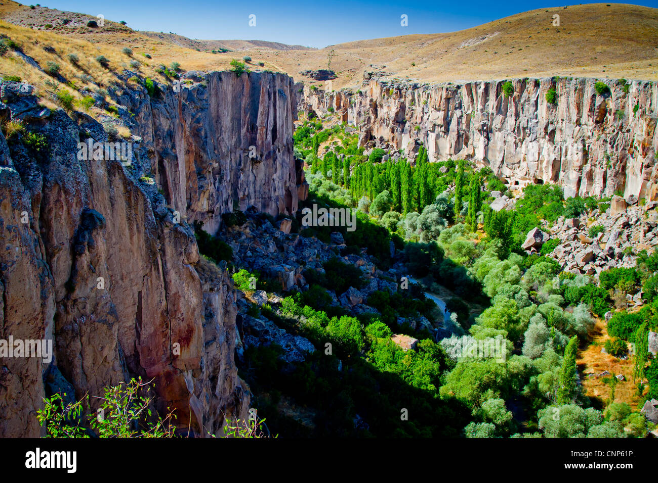 Ihlara Valley e Melendiz Stream. Aksaray provincia. Cappadocia, Turchia. Foto Stock