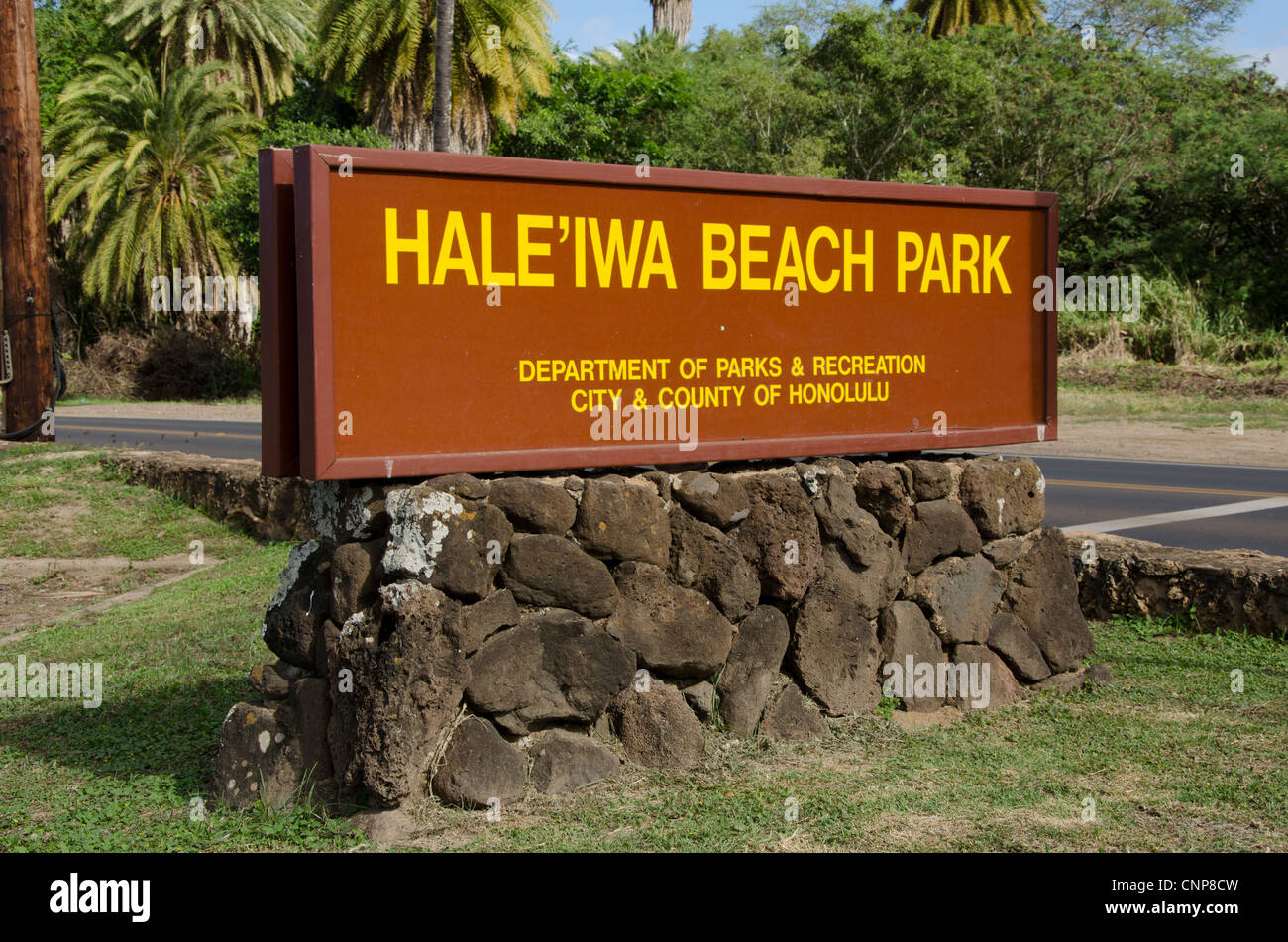 Segno per Hale'IWA Beach Park su Oahu, Hawaii Foto Stock