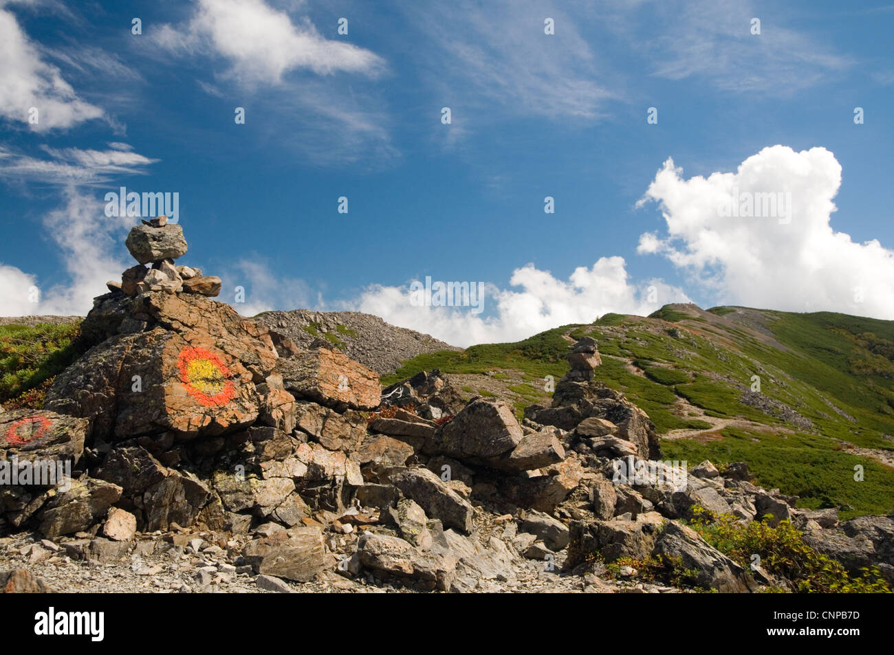 Cairn sul sentiero tra Chogatake e Jōnen, Chubu Sangaku National Park, Nagano, Giappone. Foto Stock