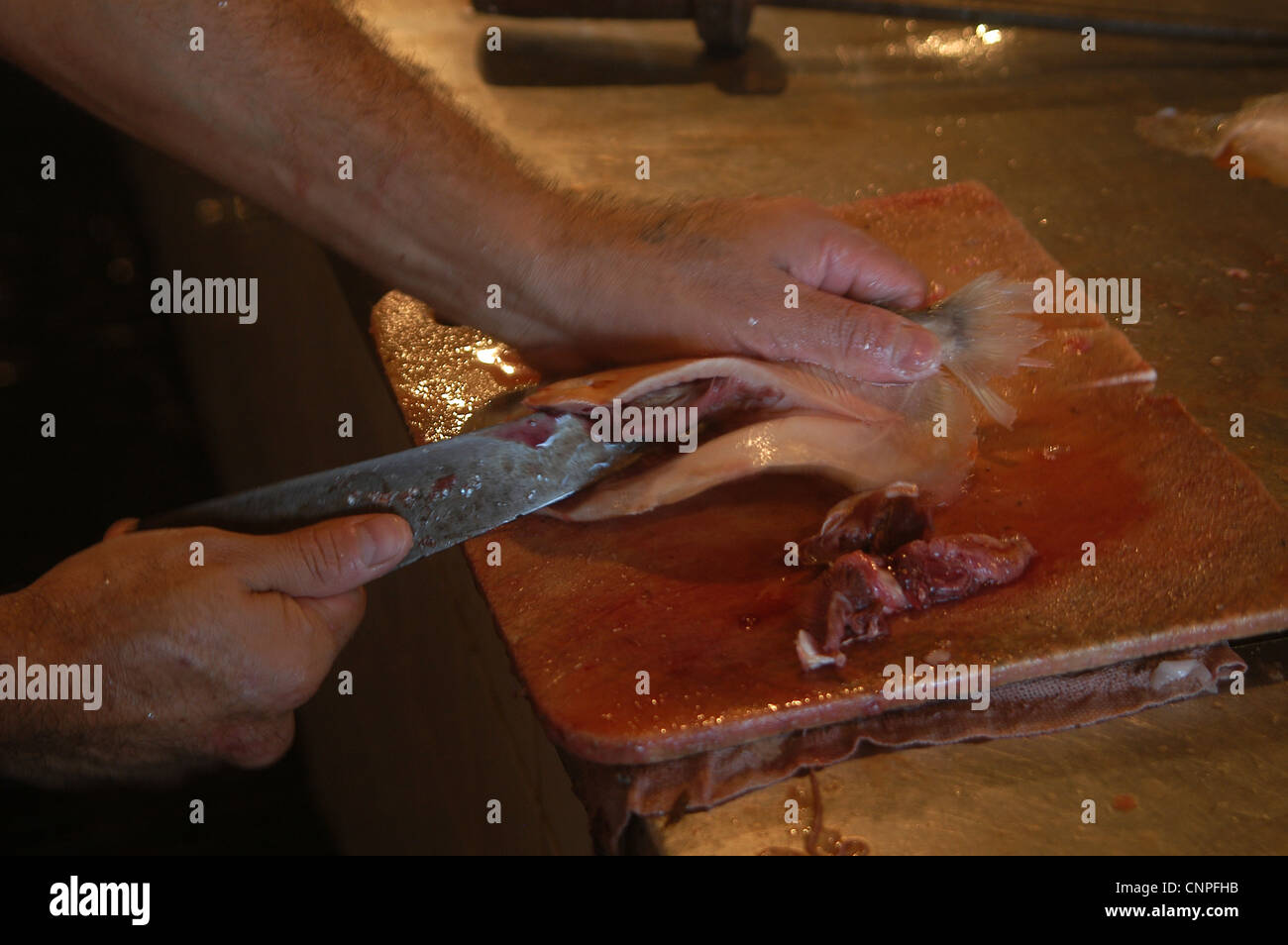 Pulizia del pesce a Manaus il mercato del pesce. Foto Stock