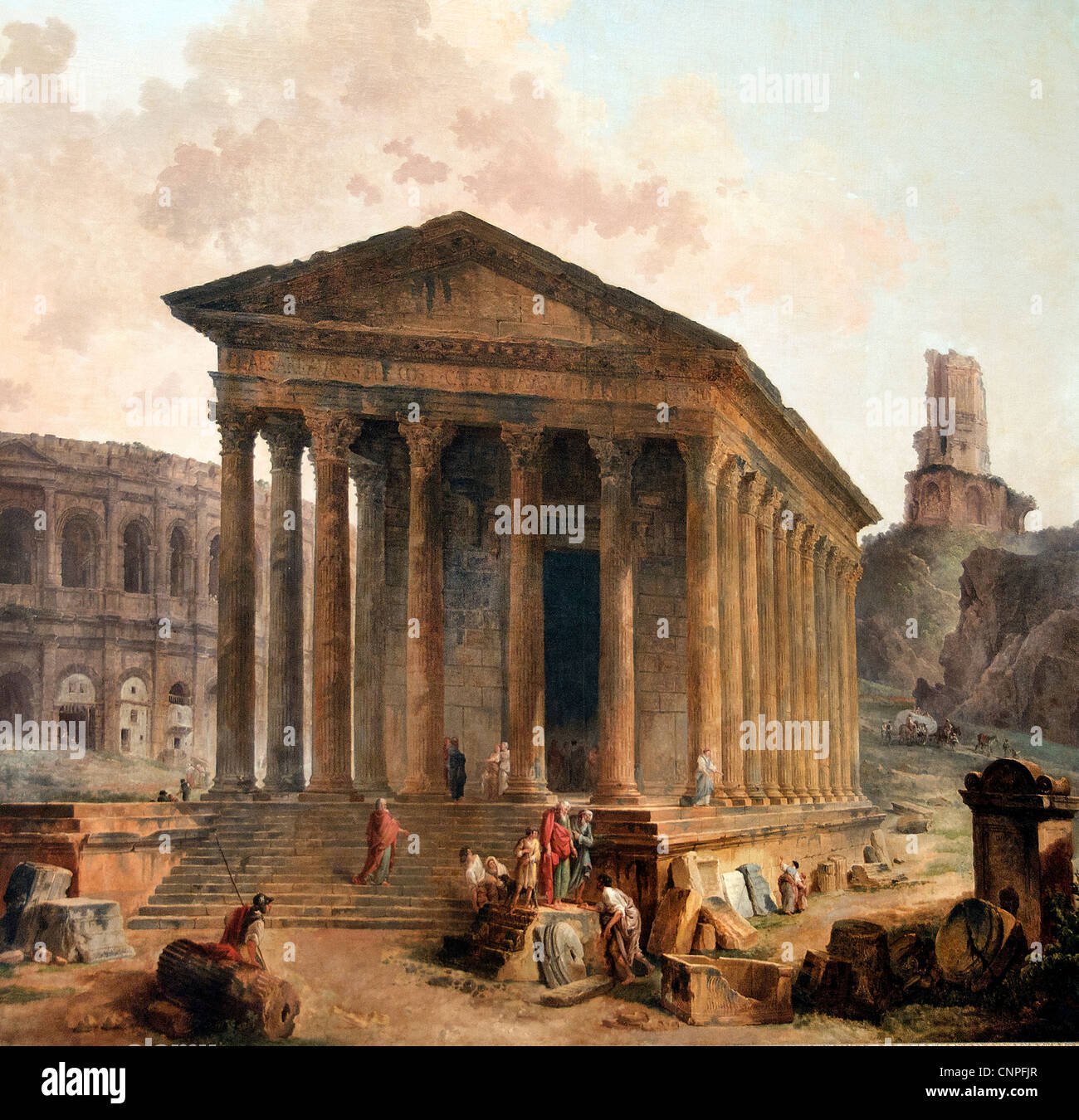 La piazza della casa e la torre Magne arenas a Nimes da Hubert Robert 1733-1808 Francia - Francese Roman Foto Stock