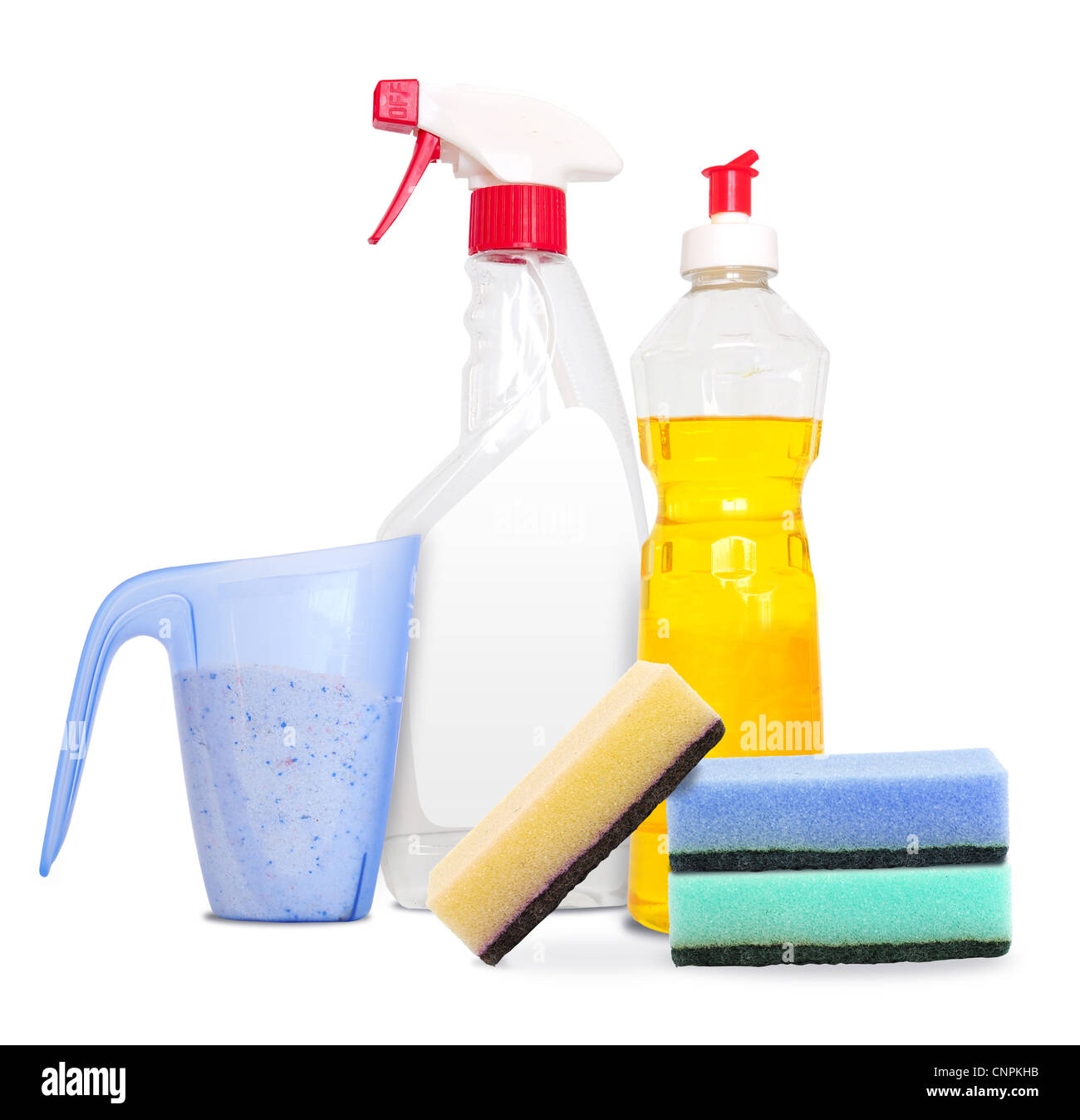 Set di tre tipi di prodotti per la pulizia e spugne su bianco Foto Stock