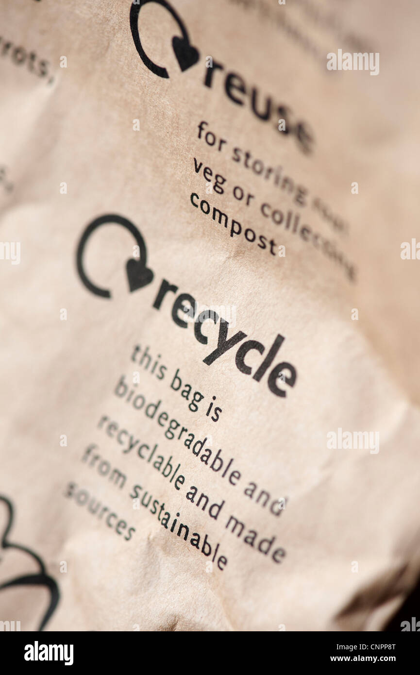 Sostenibile, biodegradabili, riciclabili messaggio stampato su un sacco di carta Foto Stock