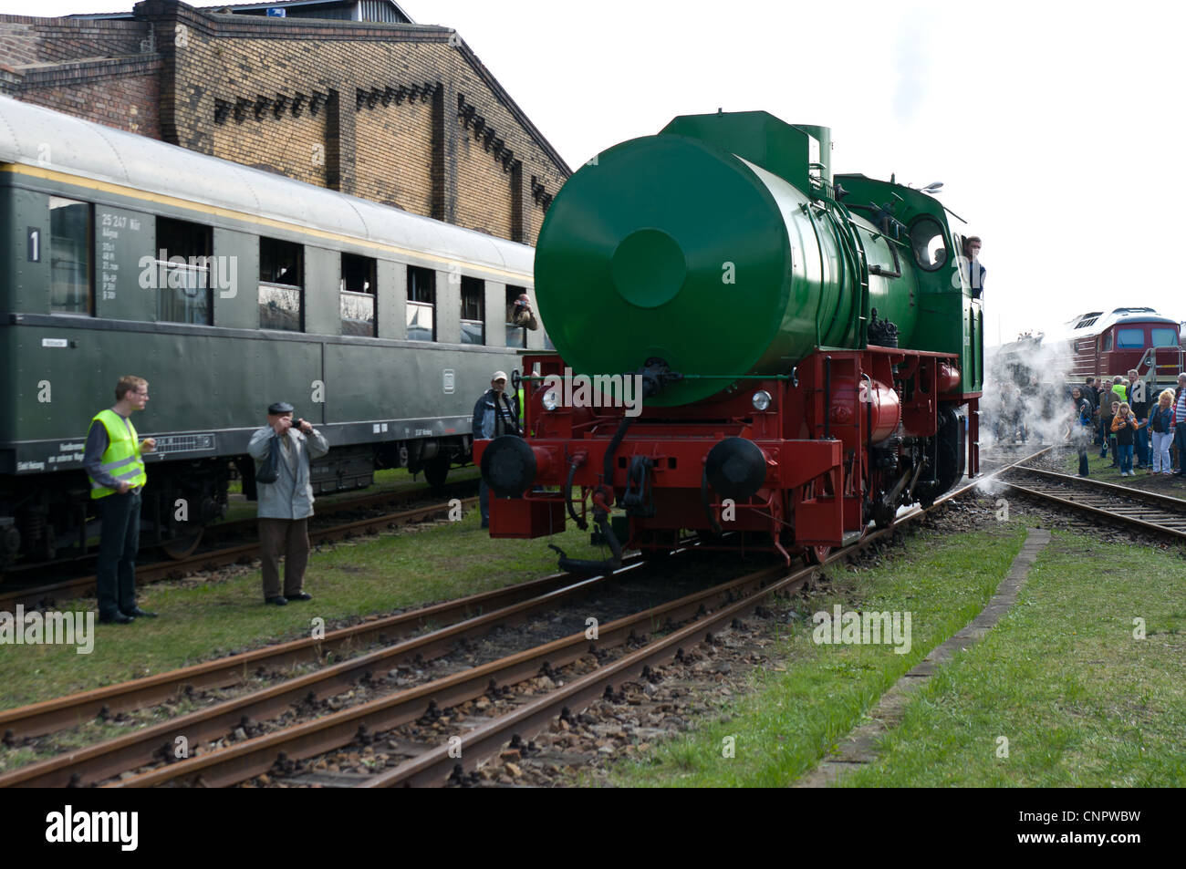 Locomotiva a vapore FLC-077 (Meiningen), il Festival di Primavera, la mostra nel cantiere ferroviario Schoeneweide Foto Stock