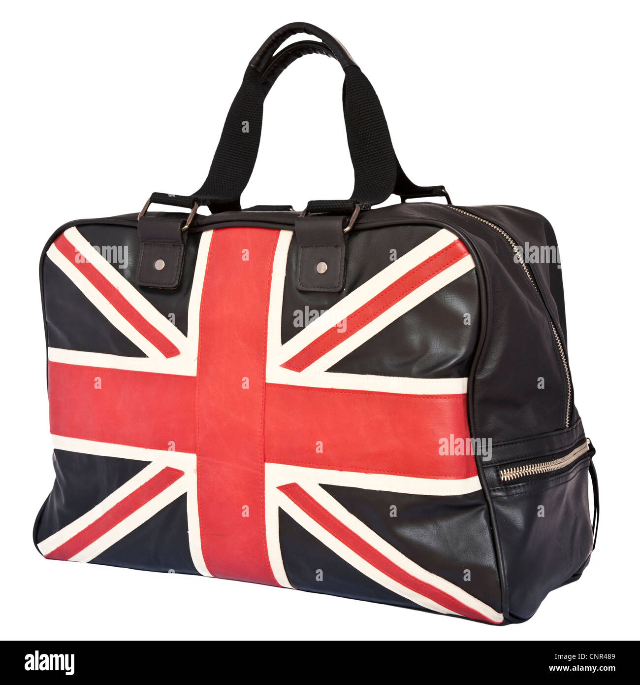 Union Jack Flag su nero di borsette in cuoio, sfondo isolato Foto Stock