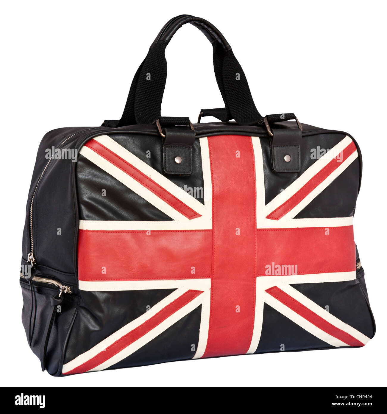 Union Jack Flag su nero di borsette in cuoio, sfondo isolato Foto Stock