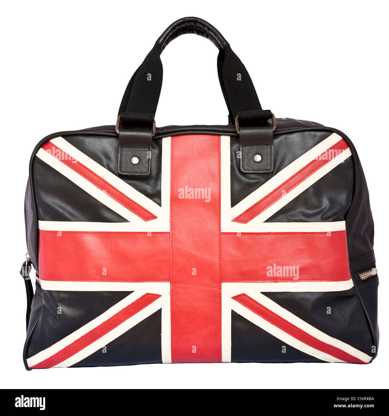 Union Jack Flag su nero di borsette in cuoio, sfondo isolato Foto Stock