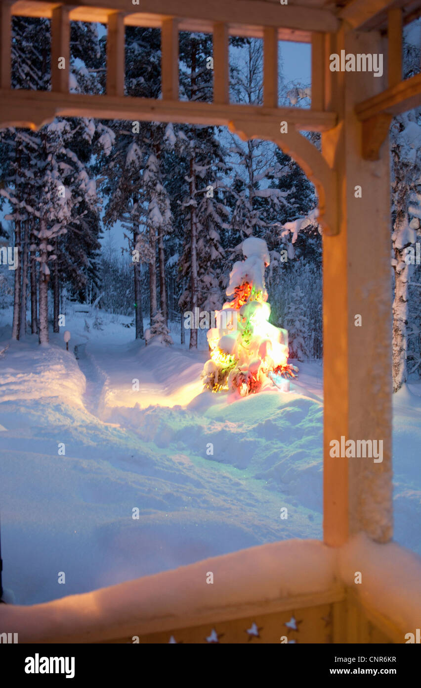 Coperta di neve albero di Natale all'aperto Foto Stock