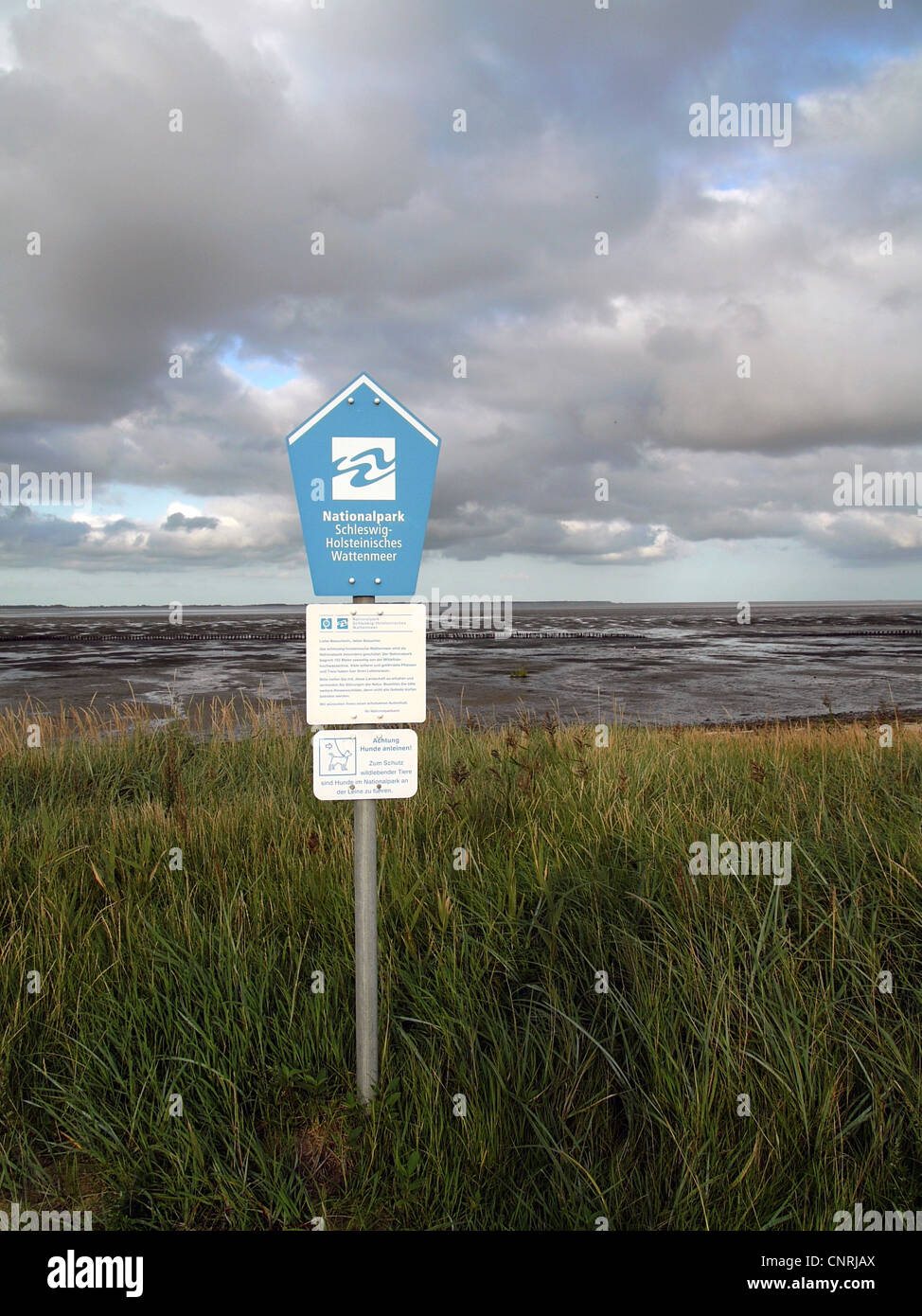 Segno del Parco Nazionale di Schleswig Holstein 'il Wadden Sea", Germania, Schleswig-Holstein, Amrum, Norddorf Foto Stock