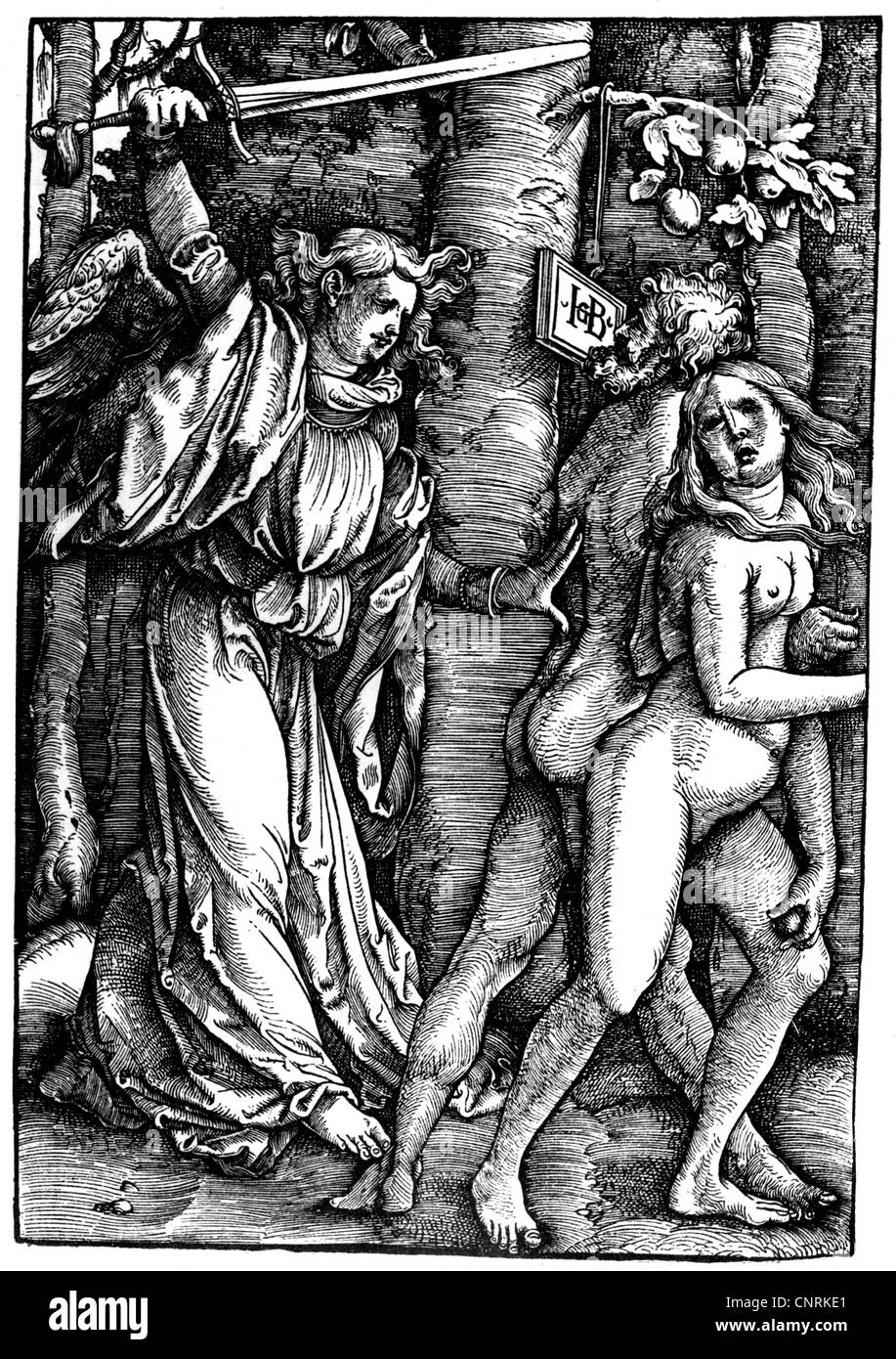 Religione, scene bibliche, Adamo ed Eva, espulsione dal paradiso, taglio di legno di Hans Baldung Grien, circa 1514, diritti aggiuntivi-clearences-non disponibile Foto Stock