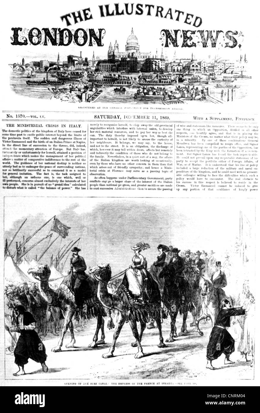 Geografia / viaggio, Egitto, canale di Suez, apertura, 17.11.1869, Eugenie de Montijo, imperatrice consorte dei francesi, a Ismailia, 'The Illustrated London News', prima pagina, 11.12.1869, incisione del legno, diritti aggiuntivi-clearences-non disponibile Foto Stock Geografia / viaggio, Egitto, canale di Suez, apertura, 17.11.1869, Eugenie de Montijo, imperatrice consorte dei francesi, a Ismailia, 'The Illustrated London News', prima pagina, 11.12.1869, incisione del legno, diritti aggiuntivi-clearences-non disponibile Foto Stock