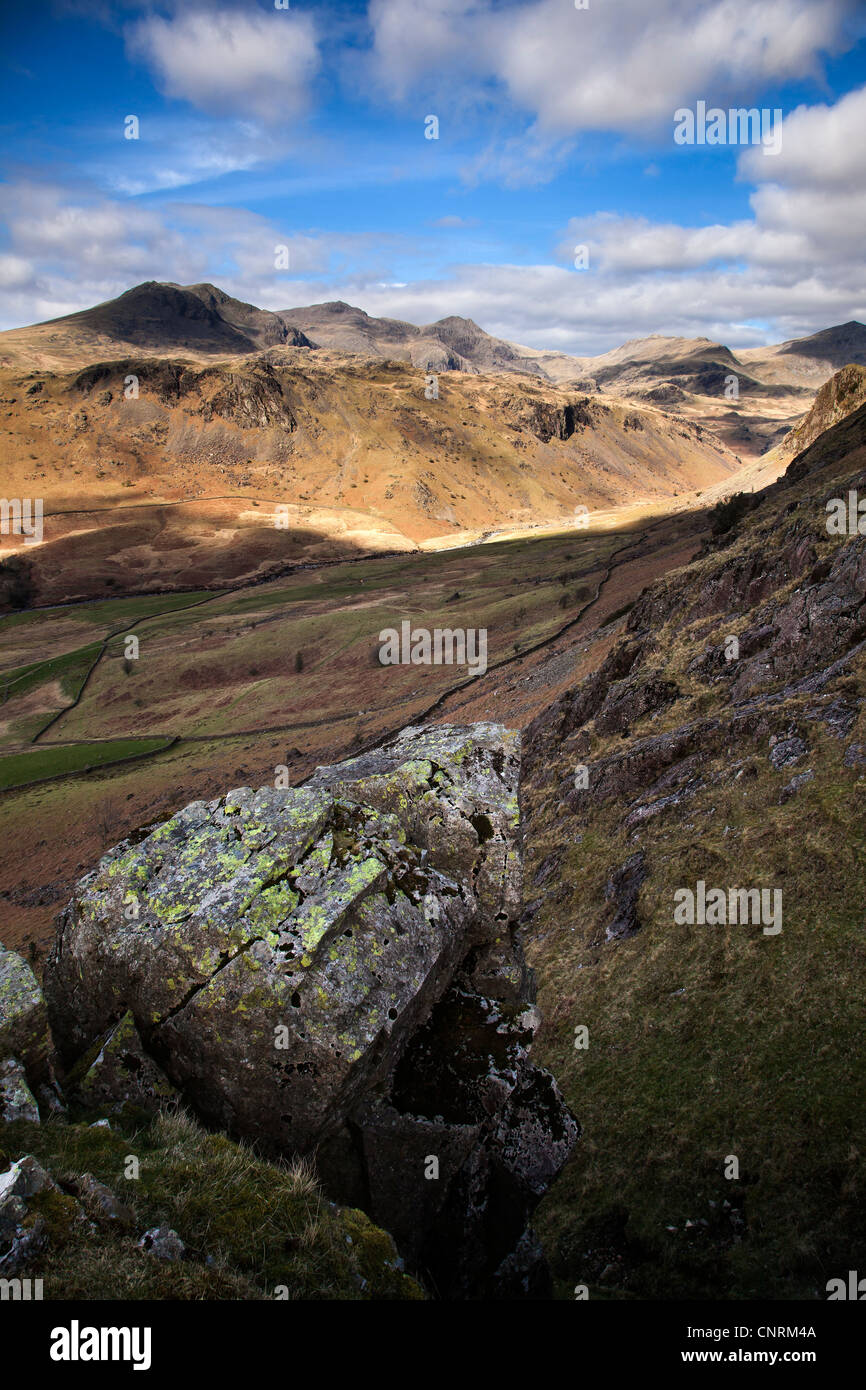 Lodore Falls e superiore per Eskdale, Parco Nazionale del Distretto dei Laghi, Cumbria Foto Stock