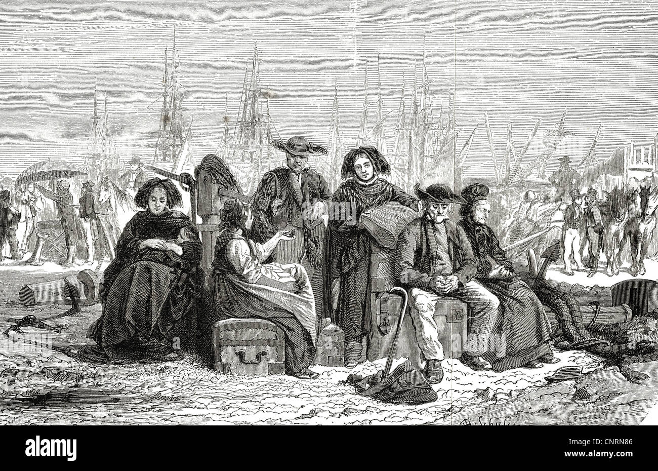 Persone, emigranti, partenza, emigranti tedeschi in attesa al porto, incisione del legno dopo la pittura di Theophil Schuler (1847 - 1878), trasporto, trasporto, navigazione, bagagli, viaggio, viaggio, emigrazione, Germania, 19 ° secolo, storico, storico, diritti aggiuntivi-clearences-non disponibili Foto Stock