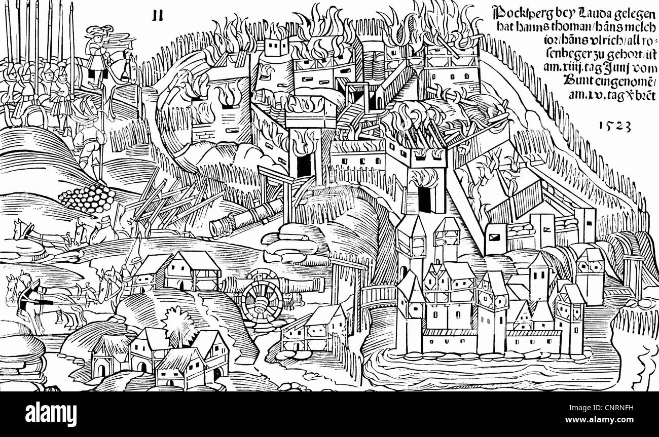 Eventi, Cavalieri' Revolt, 1522 - 1523, la città di Bocksberg, catturata dalla Lega Sveva, è bruciato a terra, intagliato, 1523, insurrezione, palatinato, fuoco, bruciando, 16 ° secolo, storico, Germania, assedio, distruzione, militare, persone, diritti aggiuntivi-clearences-non disponibili Foto Stock