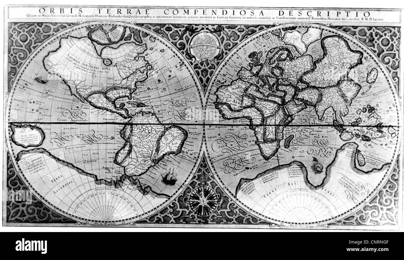 Mappe, mappa del mondo, di Gerhard Mercator, 1587, diritti aggiuntivi-clearences-non disponibile Foto Stock