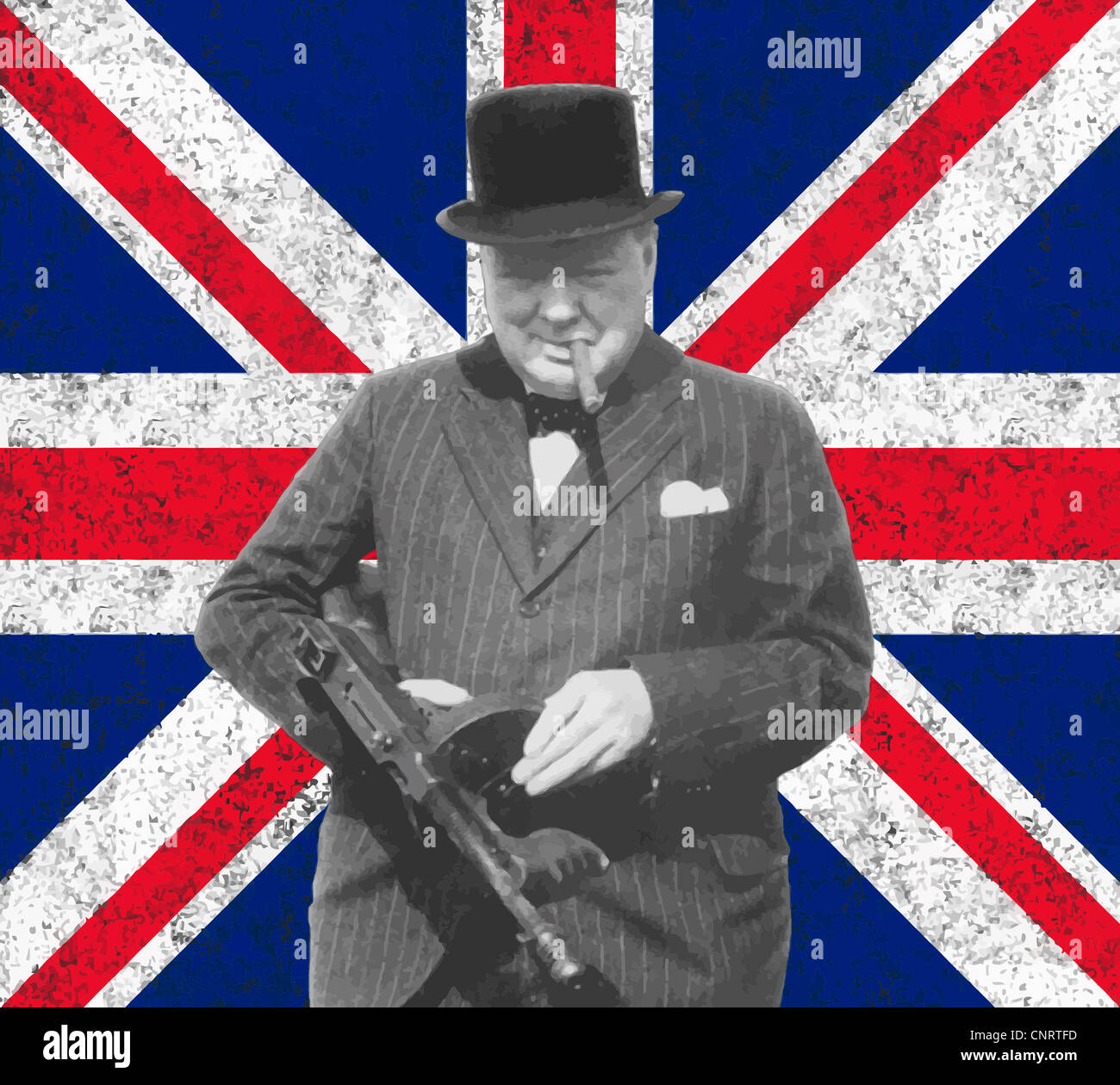 Restaurata digitalmente la foto del vettore di Sir Winston Churchill con una pistola di tommy in piedi di fronte a un flag. Foto Stock