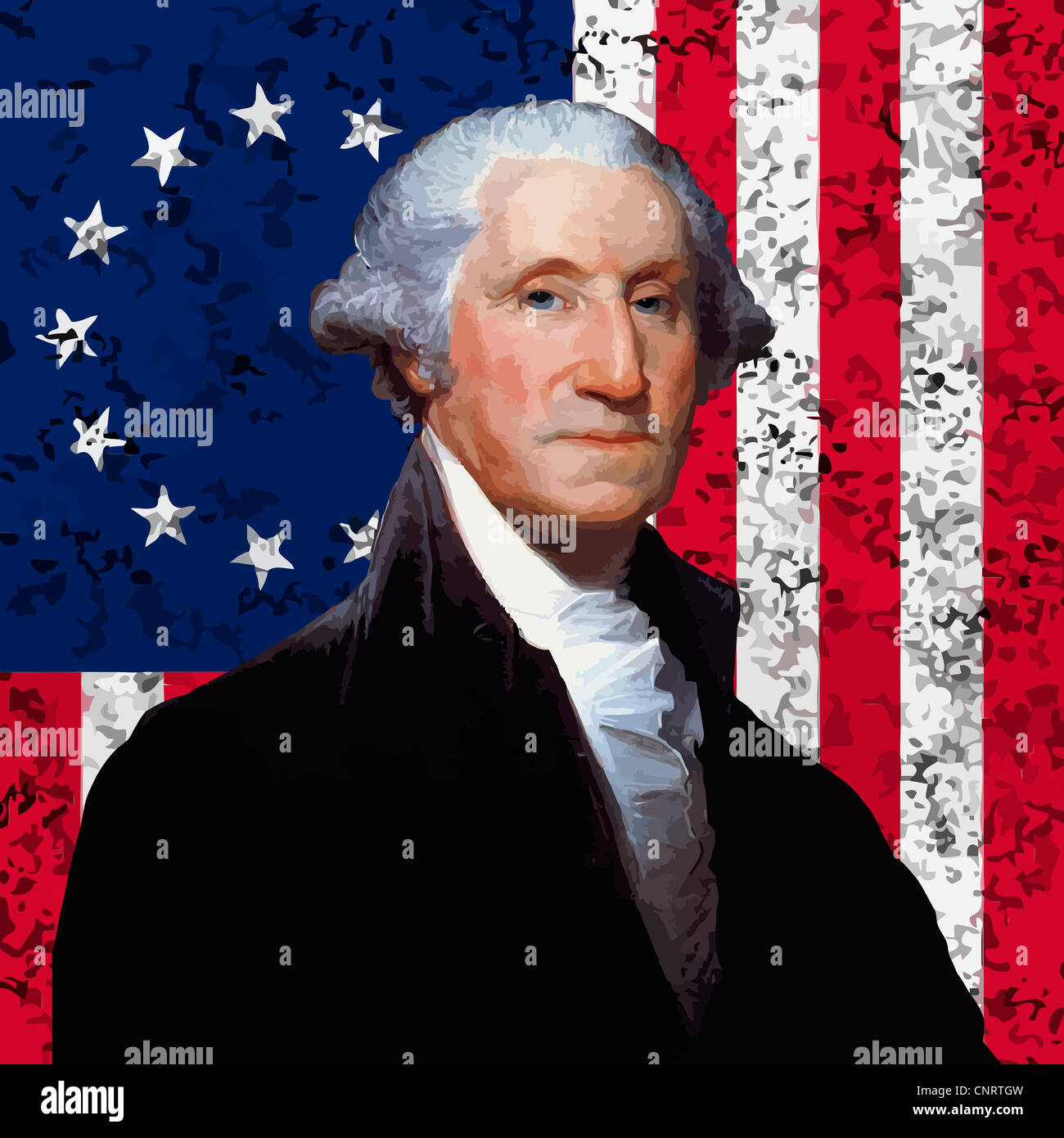 Restaurata digitalmente il vettore ritratto di George Washington contro la bandiera americana. Foto Stock