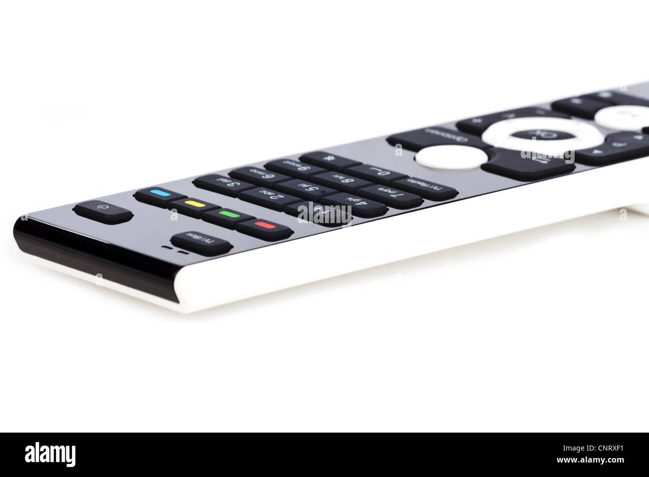Moderno e di colore bianco e nero telecomando su sfondo bianco Foto Stock
