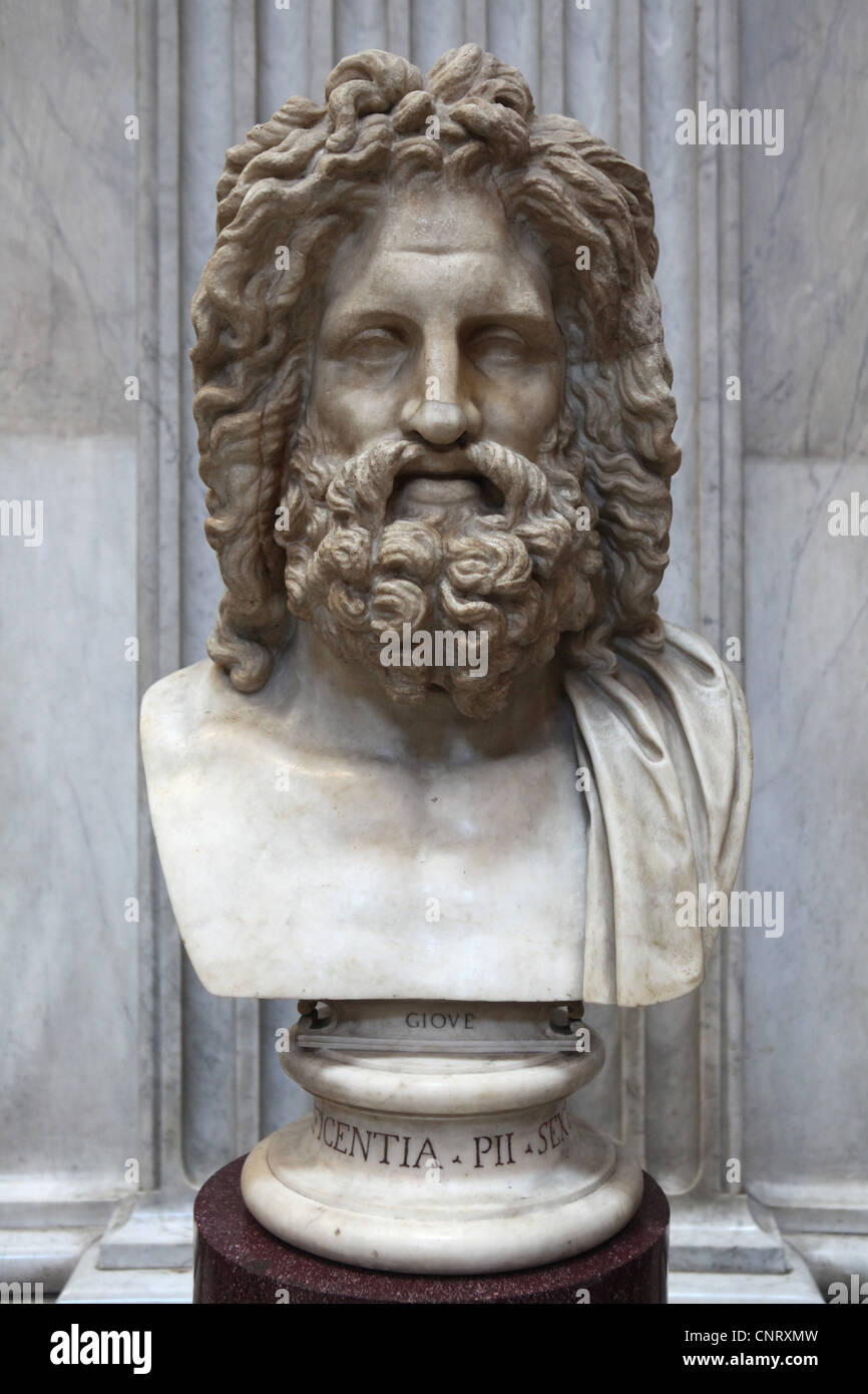 Testa di Zeus nella sala della Rotonda al Museo Pio Clementino, Musei Vaticani, Roma, Italia. Foto Stock