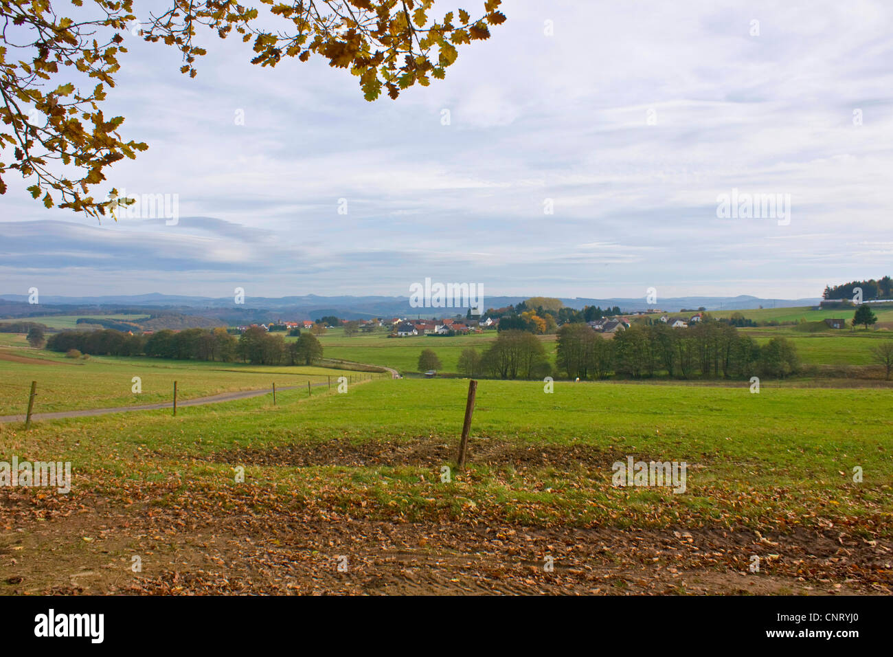 Vista dalla Eifelsteig su Leudersdorf e la Hohe Acht, in Germania, in Renania settentrionale-Vestfalia, Eifel Foto Stock