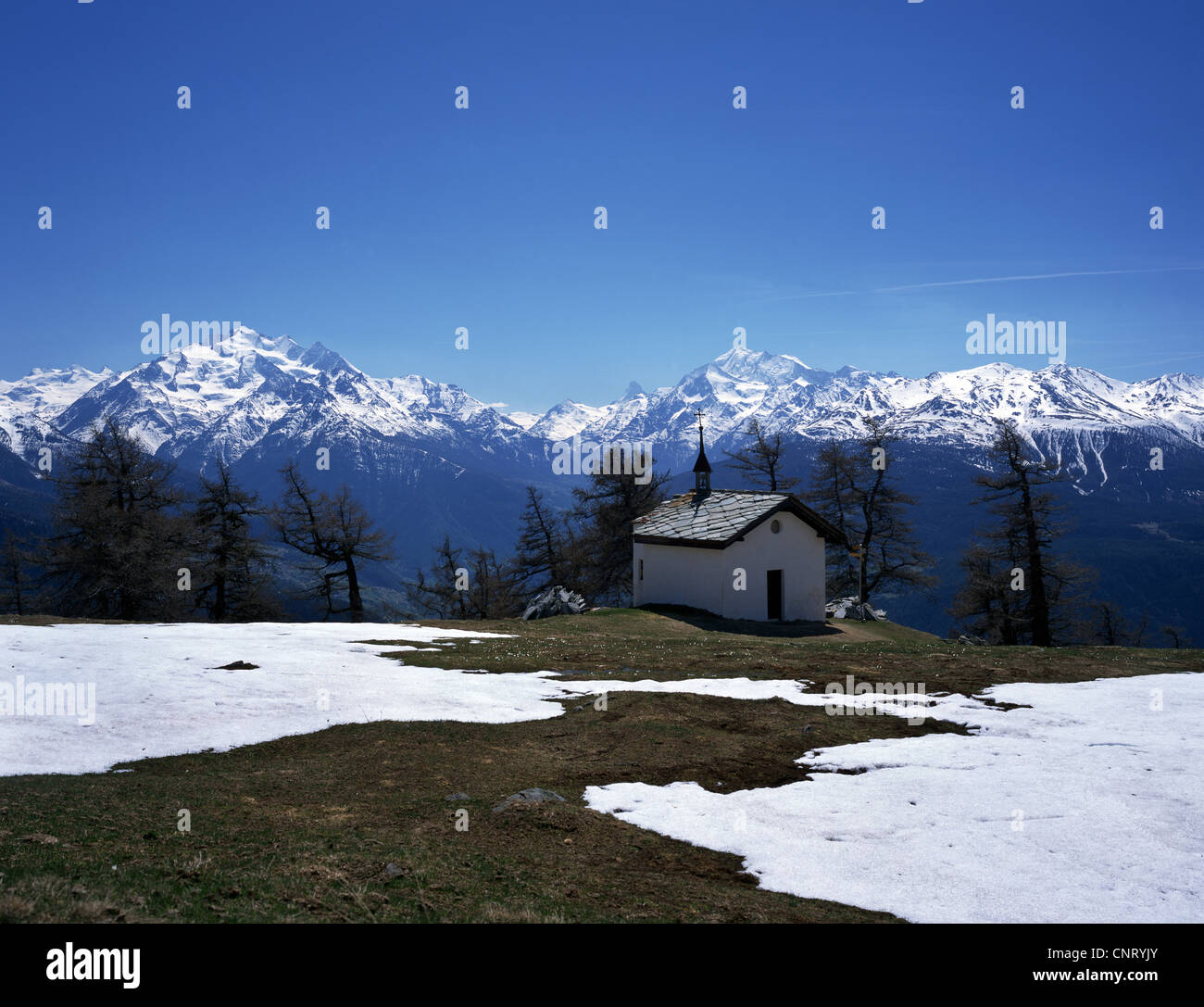 Uno scenario primaverile nelle Alpi vallesane, con Dom, il Weisshorn e il Cervino sullo sfondo, in Germania, in Vallese Foto Stock