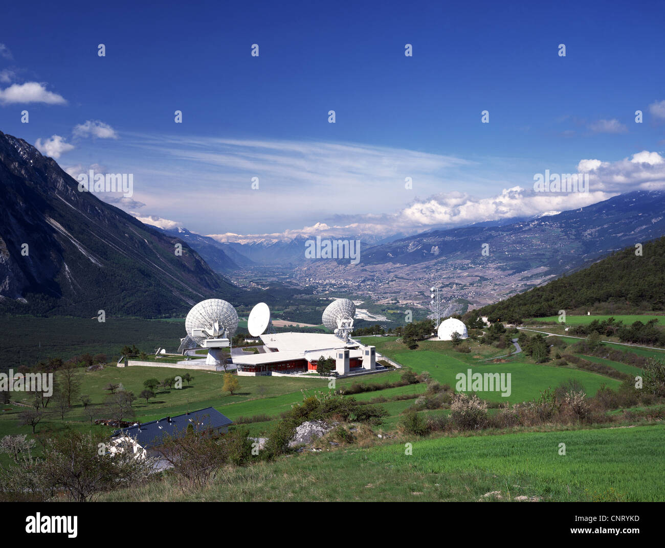 Stazione satellitare di Leuk, la Valle del Rodano, Svizzera Vallese, Alpi Foto Stock