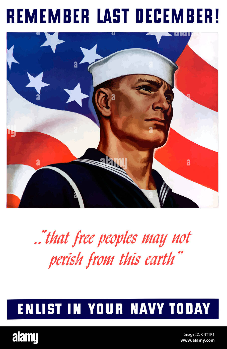 Questa annata II Guerra Mondiale navale poster di reclutamento offre un orgoglioso marinaio americano davanti alla bandiera americana. Foto Stock