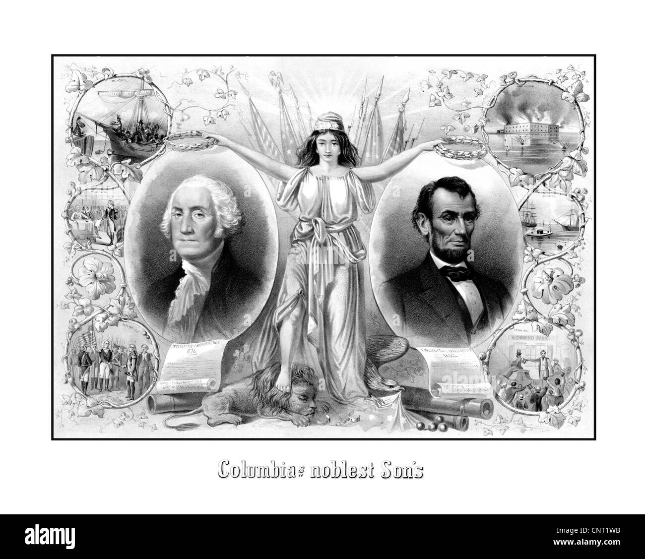 Restaurata digitalmente vintage American History stampa con il Presidente George Washington e il presidente Abraham Lincoln. Foto Stock