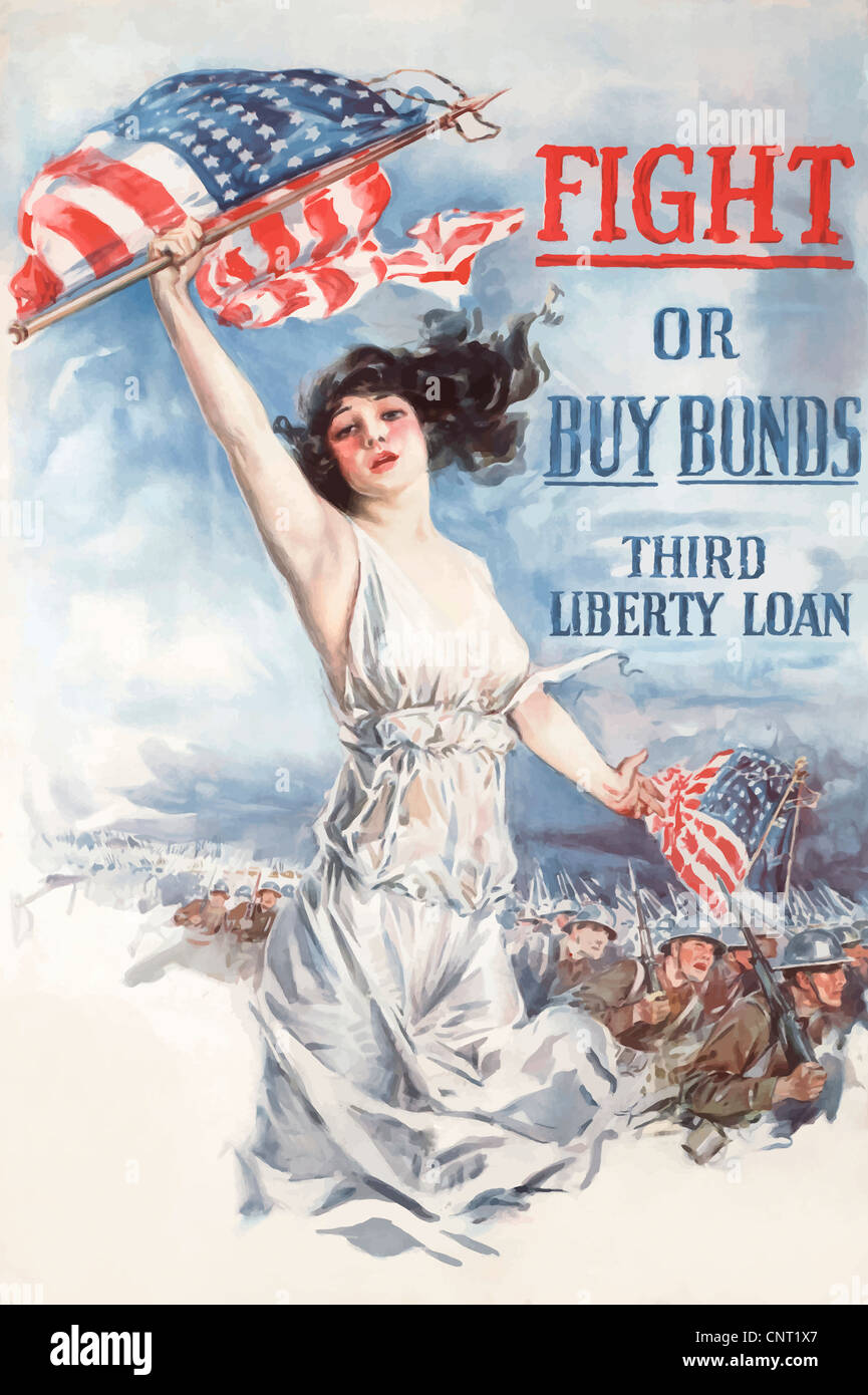 Questa annata Guerra Mondiale 1 poster caratteristiche Lady Liberty sventolare la bandiera americana. Foto Stock