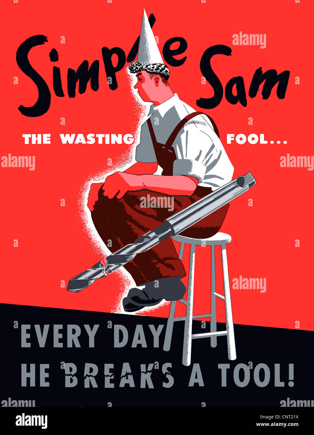 Questa annata II Guerra Mondiale poster presenta un grande rotto punta da trapano e un uomo che indossa un cappello dunce. Foto Stock